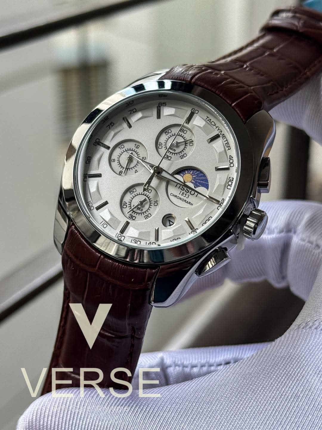 Tissot Couturier Chronograph Moonphase Brown Belt White Dial AA