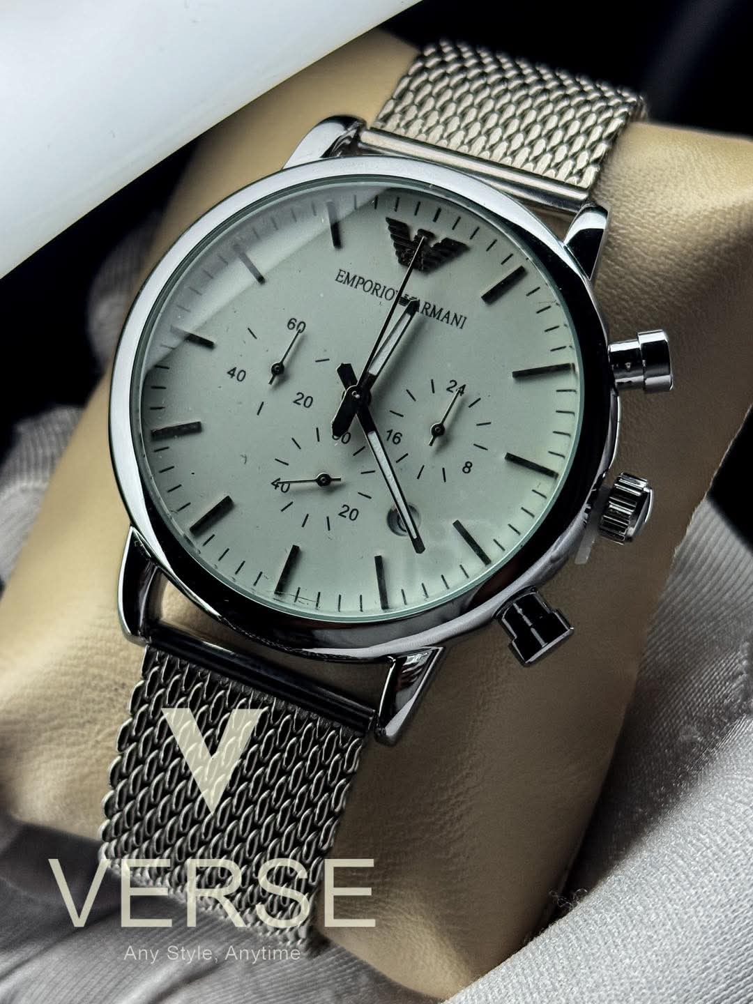 Armani Luigi Chronograph Mesh Chain Glossy White Dial AA