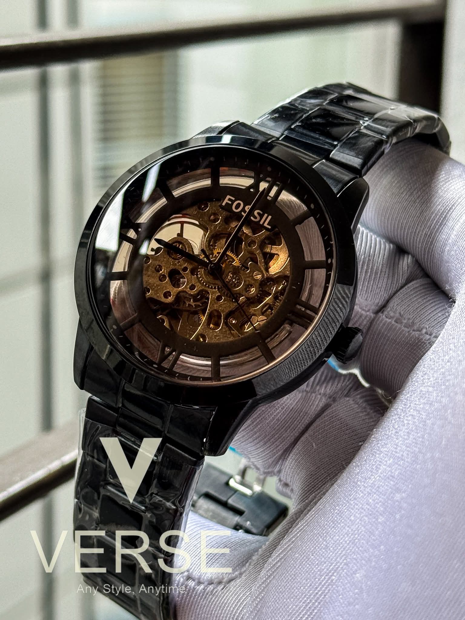 Fossil Automatic Skeleton Black Chain Brown Glass AA