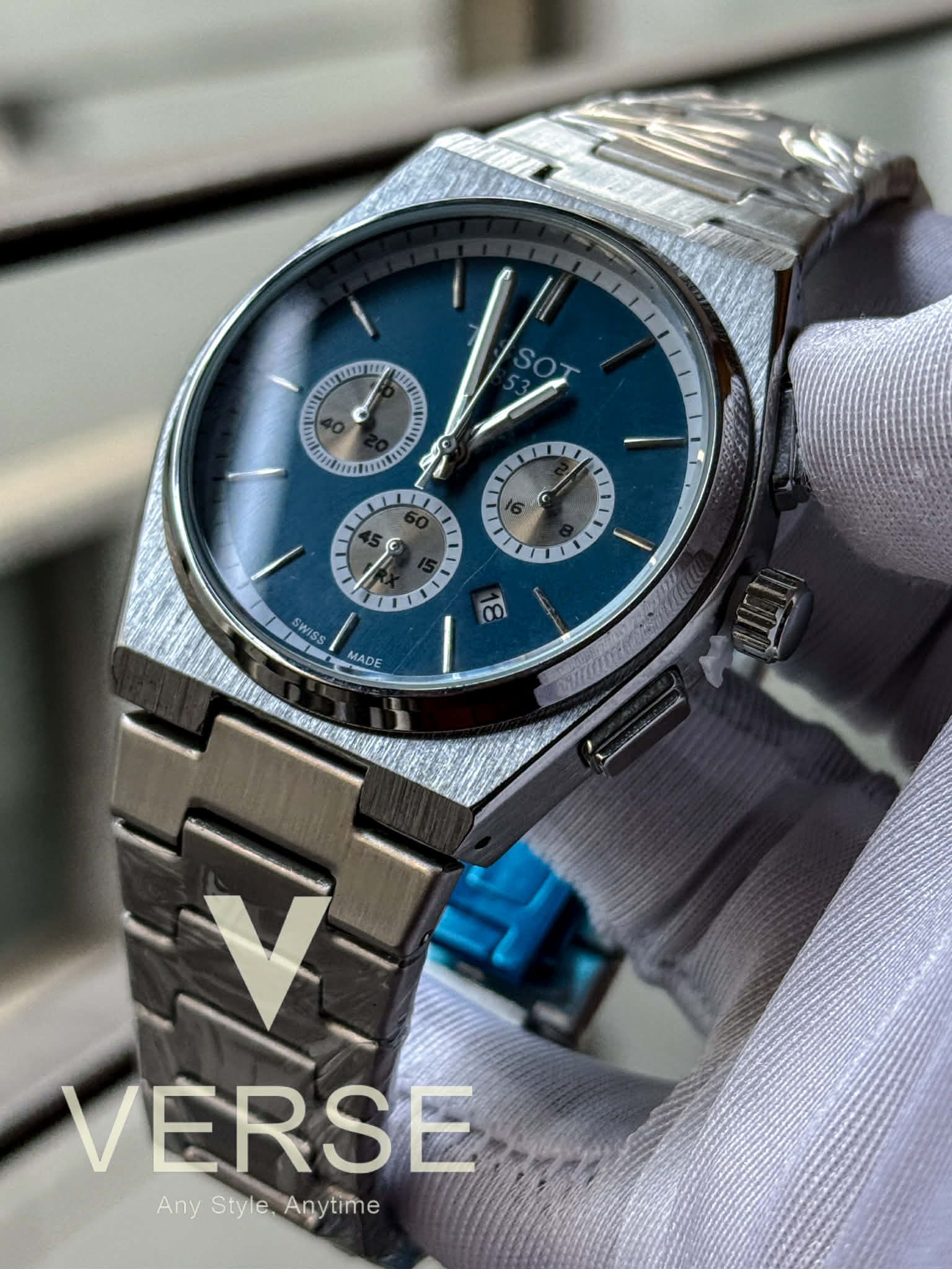 Tissot PRX Chronograph Silver Chain Blue Dial AA