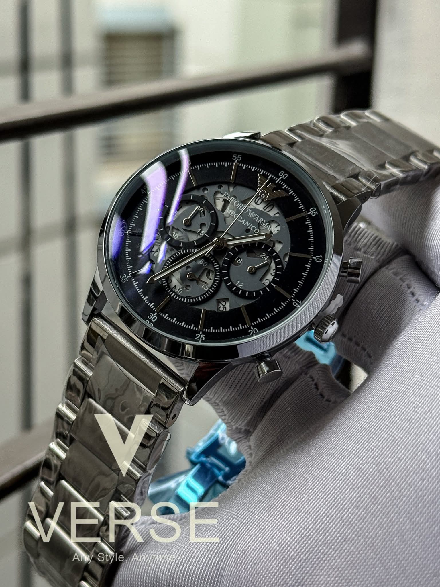 Emporio Armani Meccanico Chronograph Silver Chain Black Dial AA