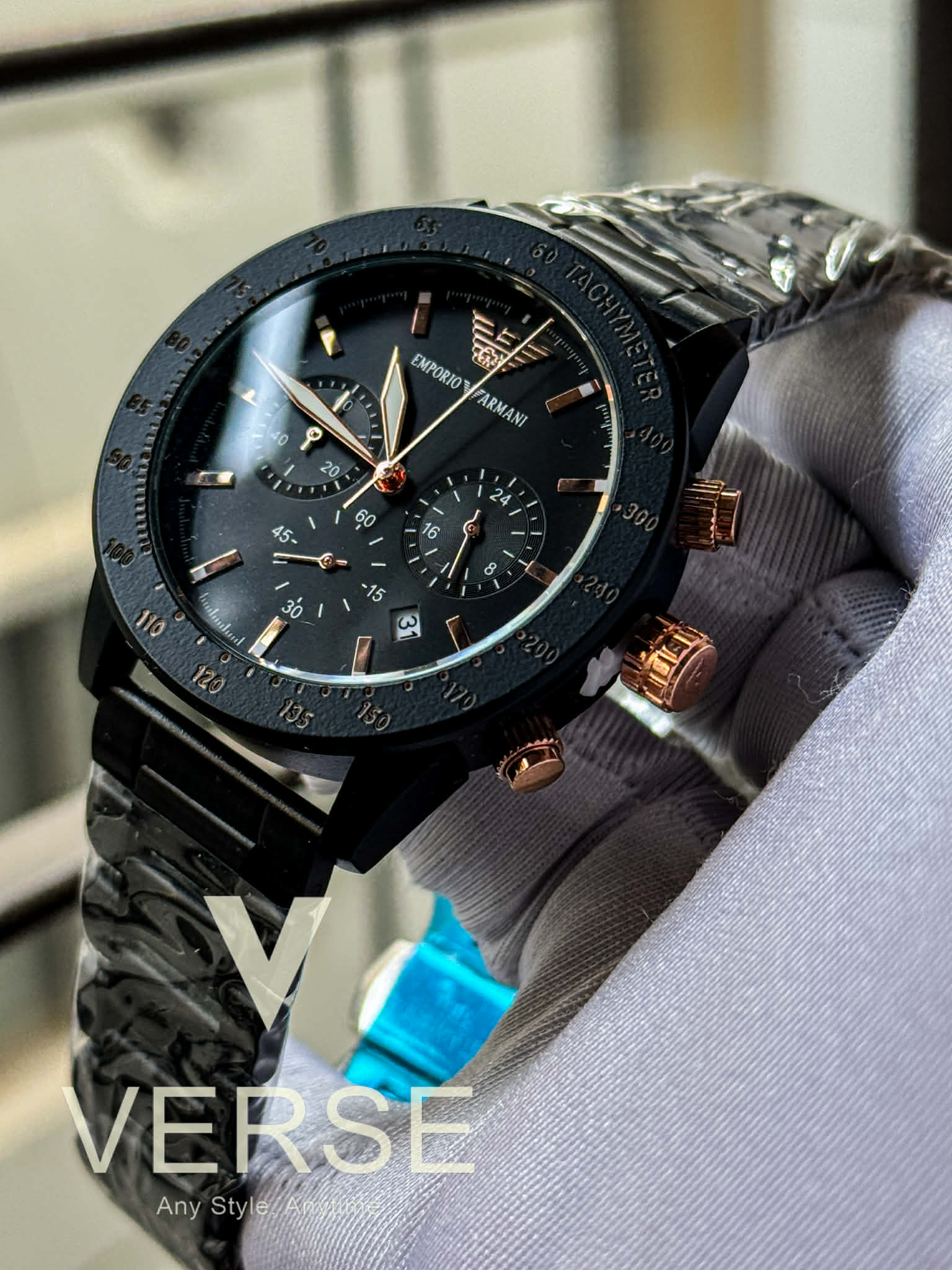 Armani Mario Chronograph Black Chain-Dial Rose Gold Accents AA