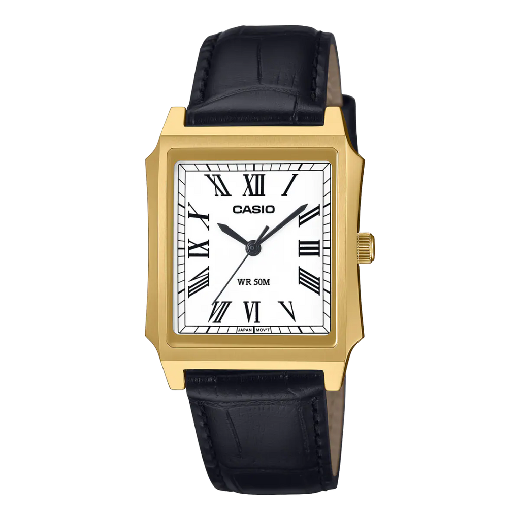 Casio MTP-B190GL-7BVDF Gold Tone White Dial Black Leather Men’s Tank Watch | Casio MTP-B190GL-7BVDF