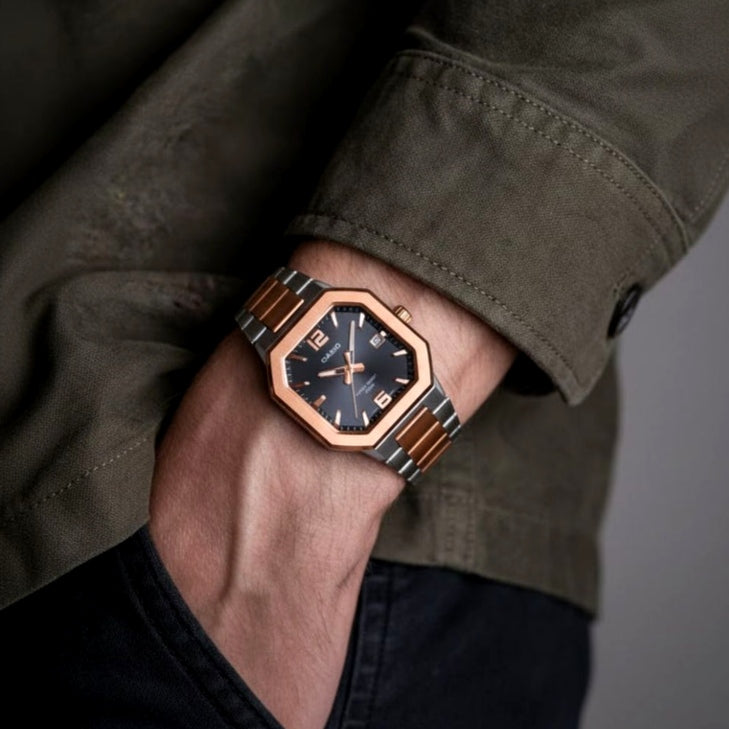 Casio MTP-B195RG-2AV Octagonal Sport Blue Dial Men's Rose Gold Tone Stainless Steel Watch | Casio MTP-B195RG-2AV