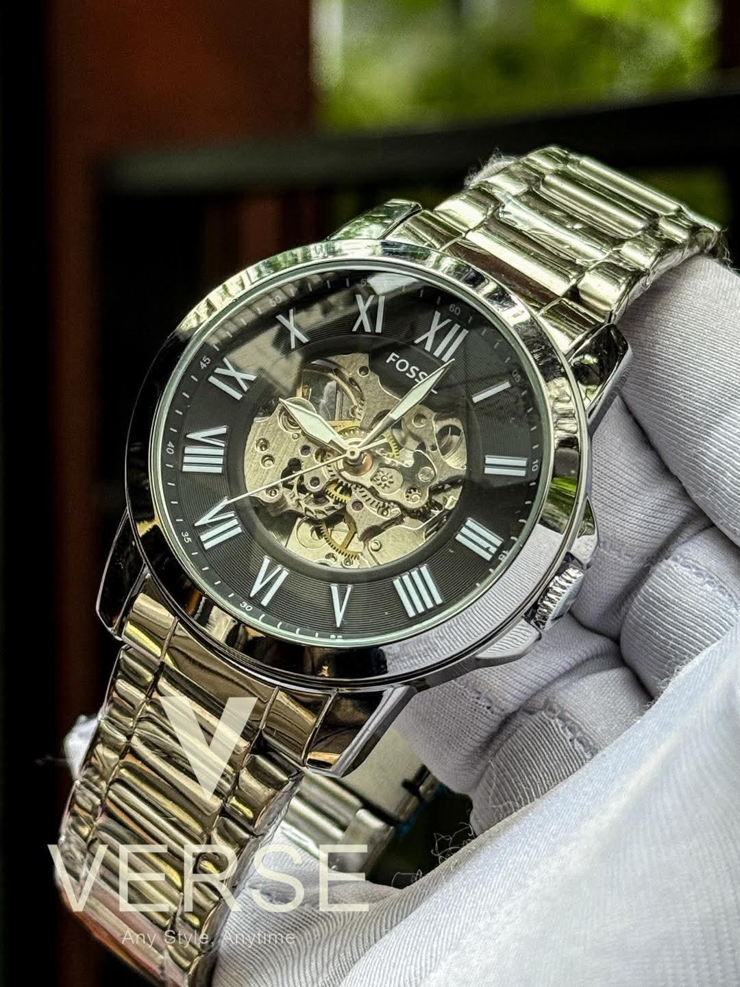 Fossil Automatic Silver Chain Black Dial AA