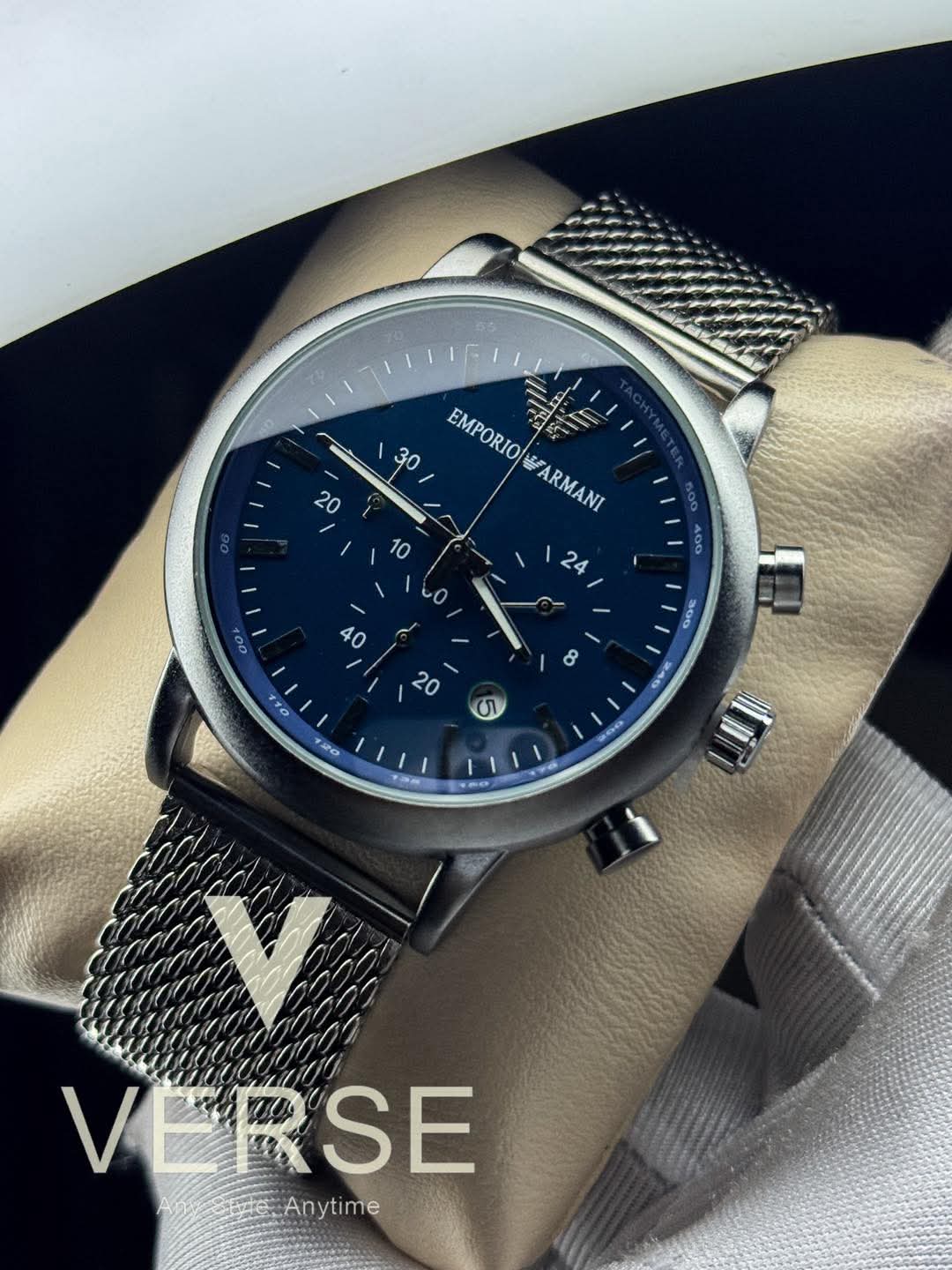 Armani Luigi Chronograph Mesh Chain Matte Blue Dial AA