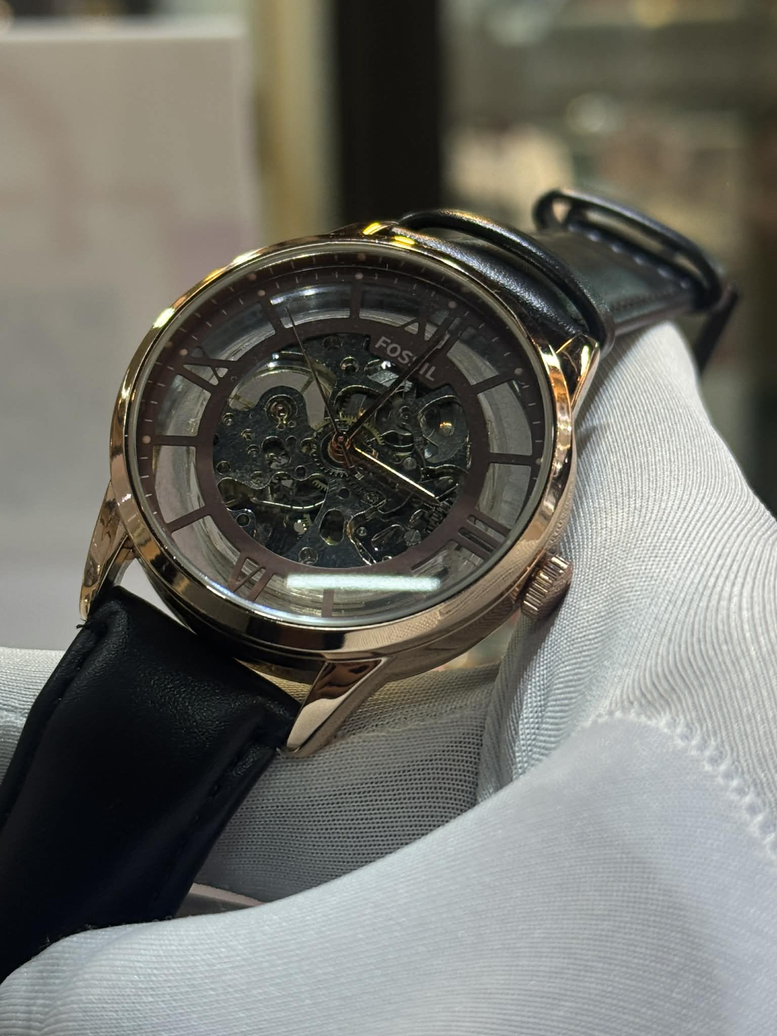 Fossil Automatic Black Belt Skeleton Dial Rose Gold Case AA