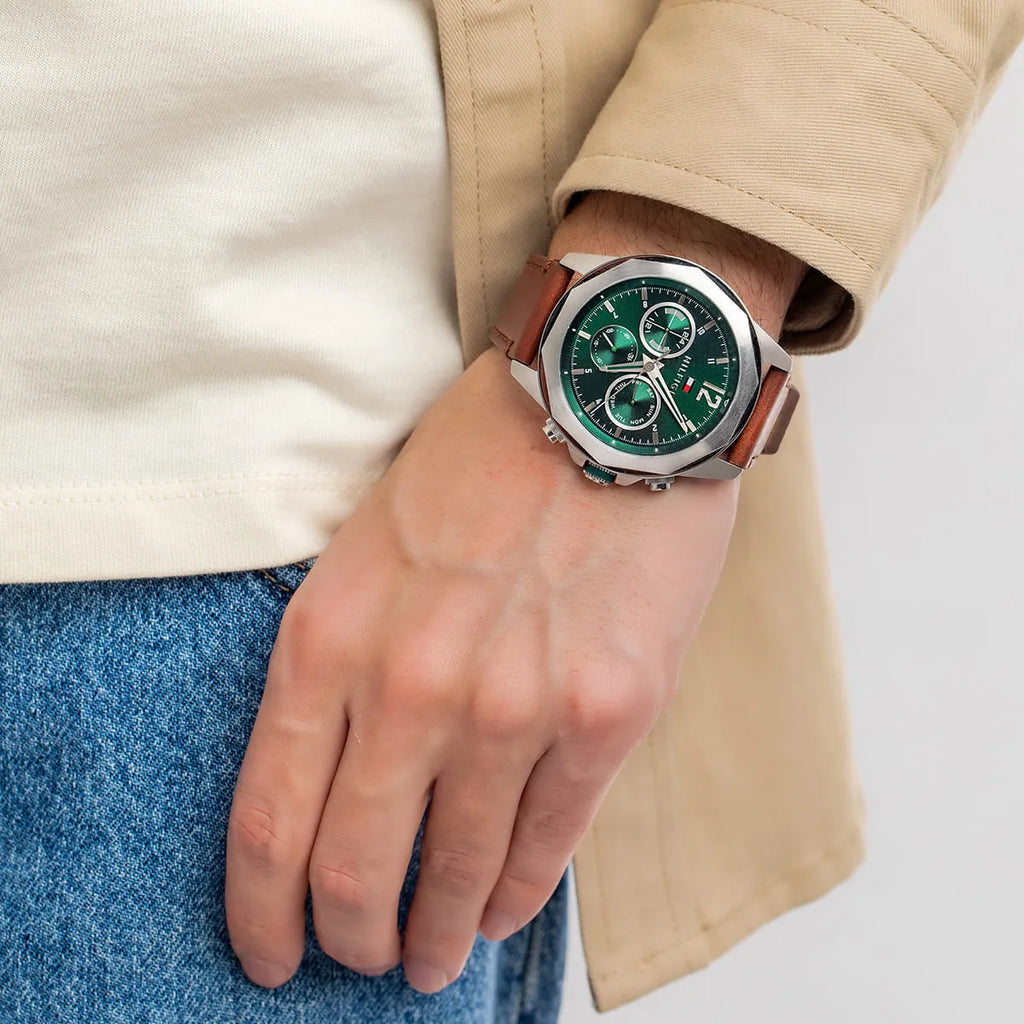 Tommy Hilfiger Lars 1792064 Men’s 46 mm Quartz Multifunction – Green Dial & Brown Leather Strap