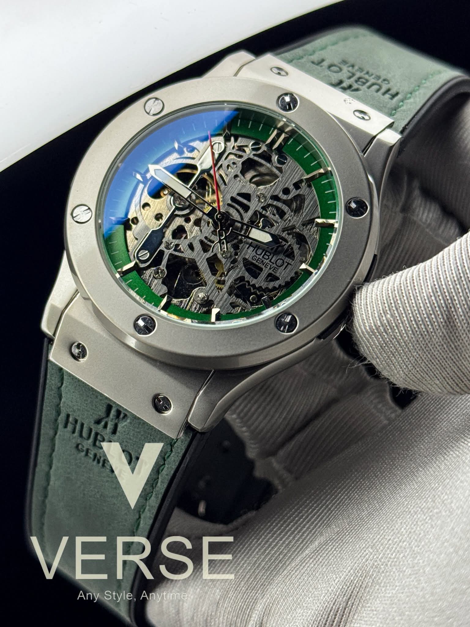 Hublot Automatic Palm-Green Belt Silver Case Openworked Green Dial AA