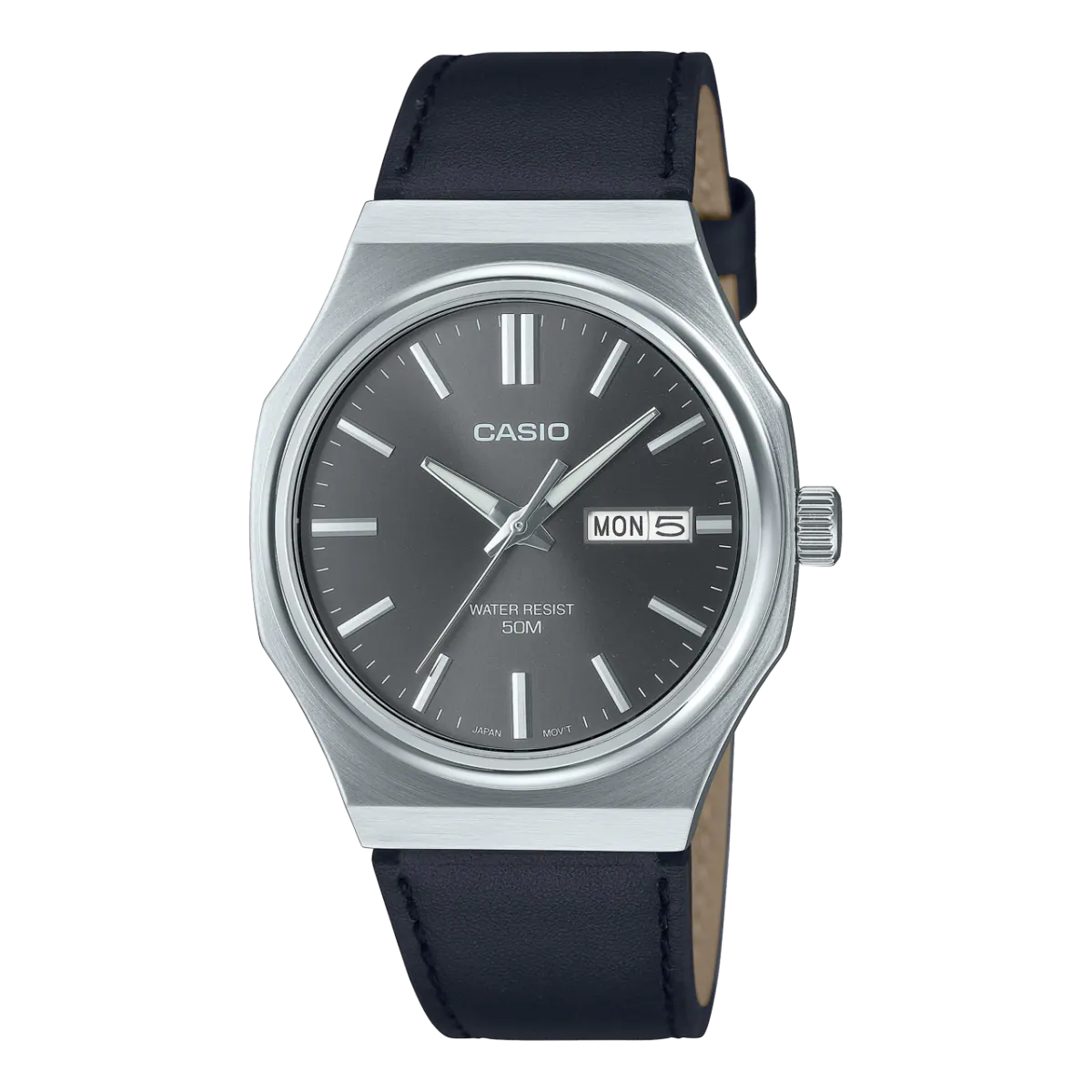 Casio MTP-E735L-8AV Octagonal Grey Dial Men's Day-Date Leather Watch | Casio MTP-E735L-8AV