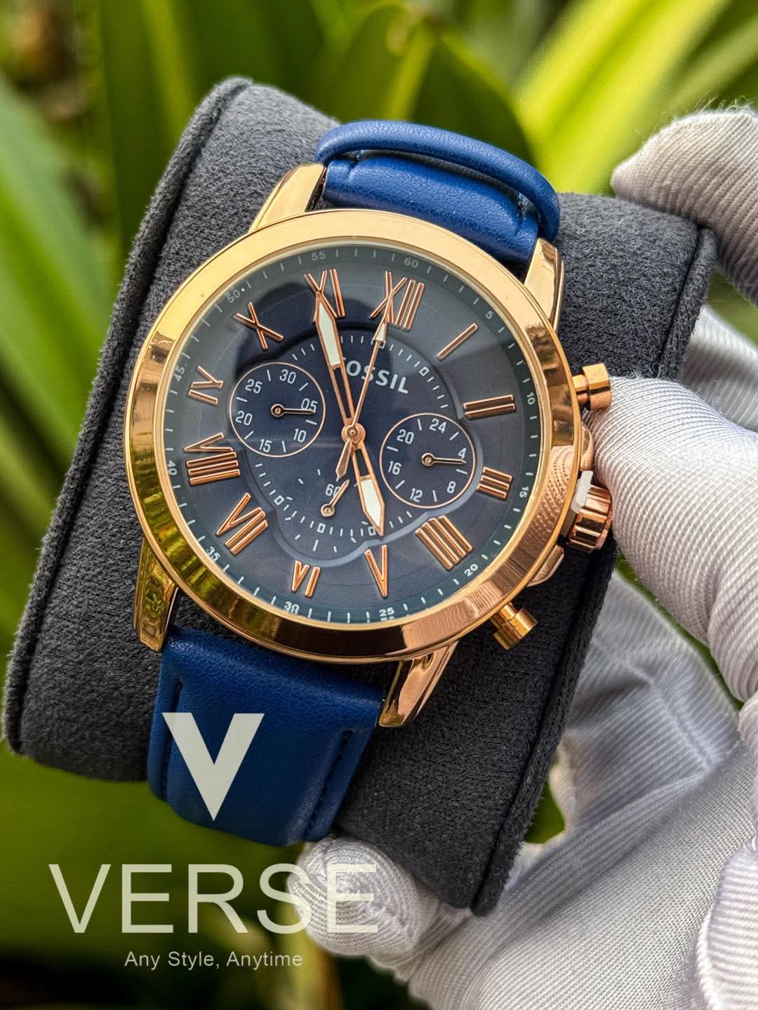 Fossil Grant Chronograph Blue Belt Rose Gold Case AA