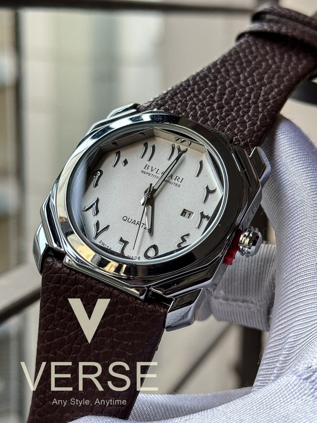 BVLGARI Octo Finissimo Brown Belt White Arabic Dial Glossy Silver Case AA