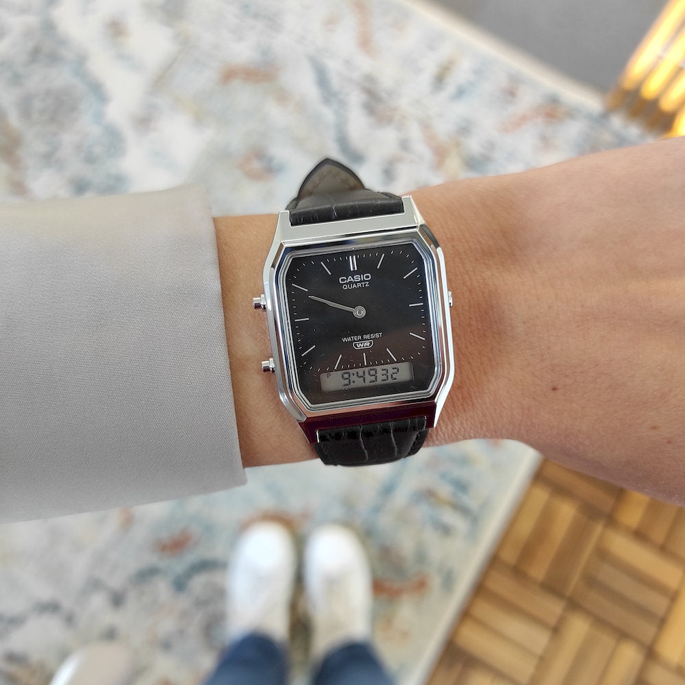 Casio AQ-230EL-1A Analog-Digital Black Dial Leather Band Unisex Watch | Casio AQ-230EL-1A