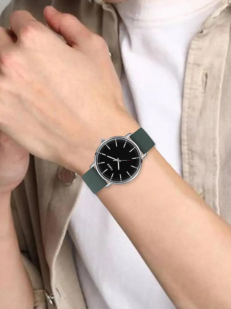 Timex Classics TW0TG8018 Men’s Analog Watch – Black Dial, Green Leather Strap| Timex Classics TW0TG8018