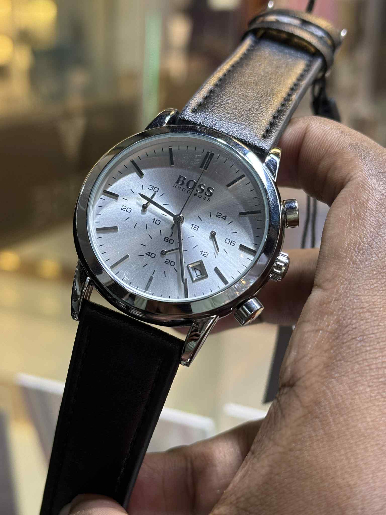 Boss Trace Chronograph Black Belt Silver Case White Dial AA