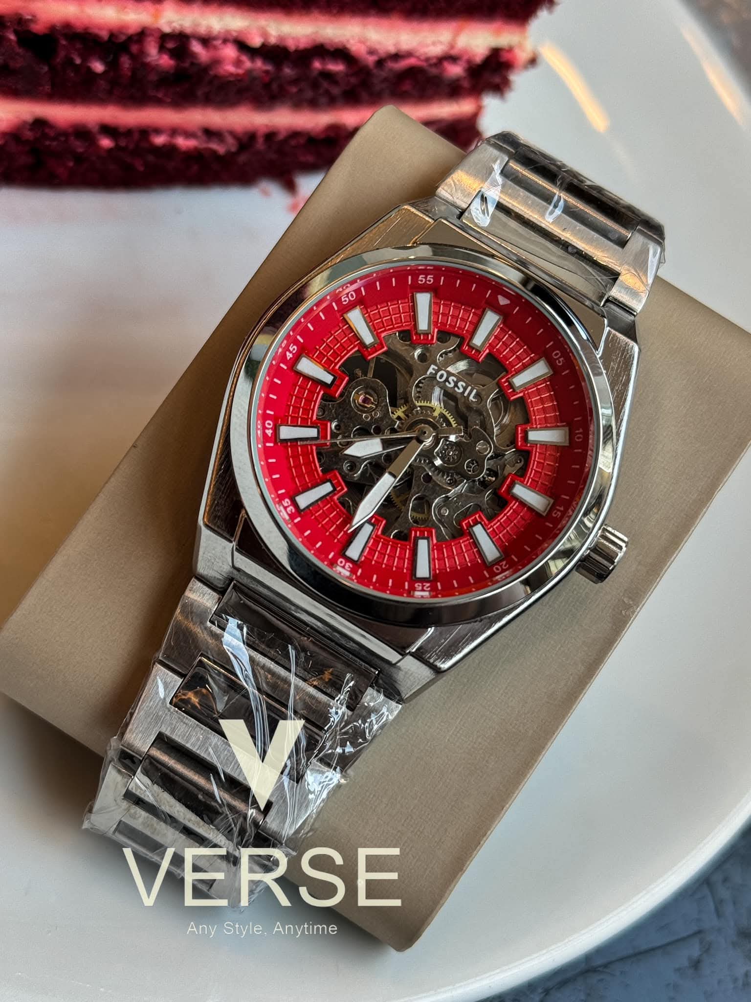 Fossil Everett Automatic Chain Red Velvet Dial AA