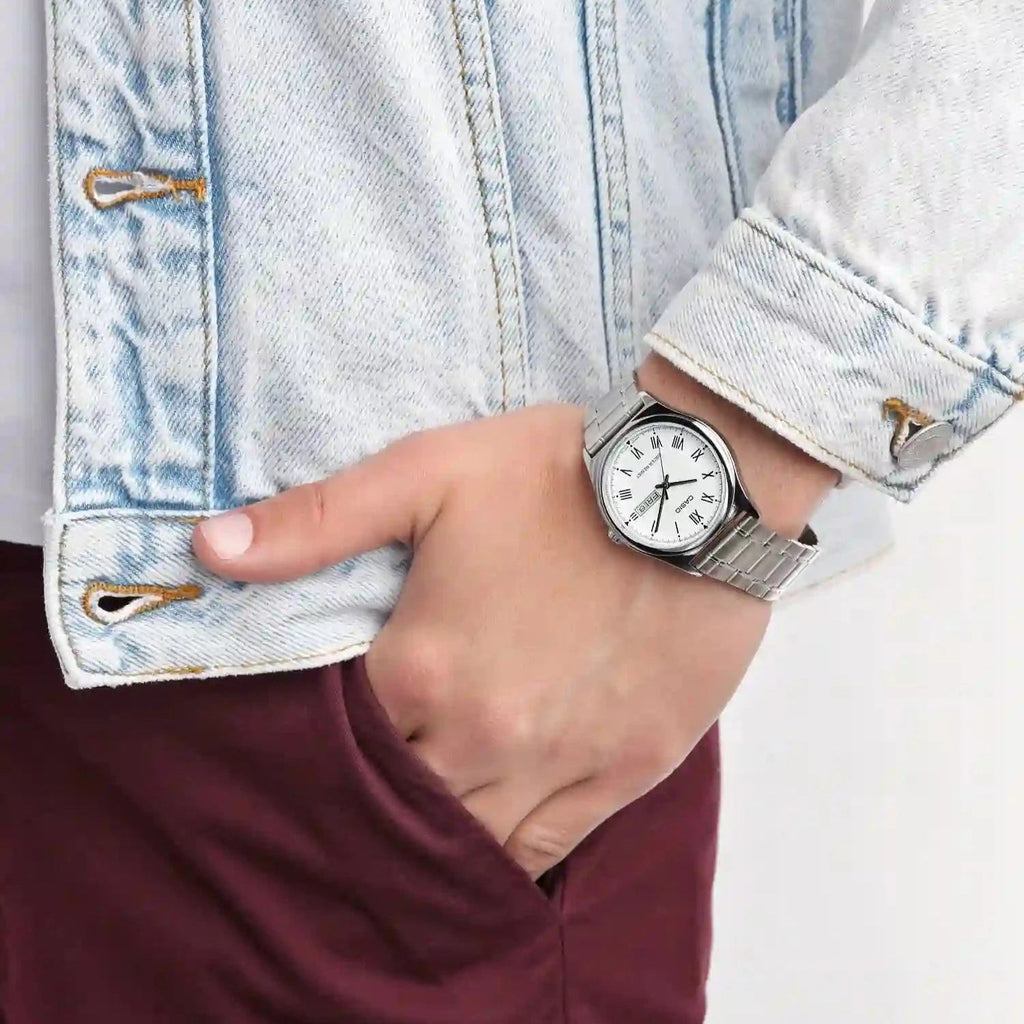 Casio MTP-V006D-7BUDF Men’s Silver Stainless Steel Watch with White Roman Dial| Casio MTP-V006D-7BUDF