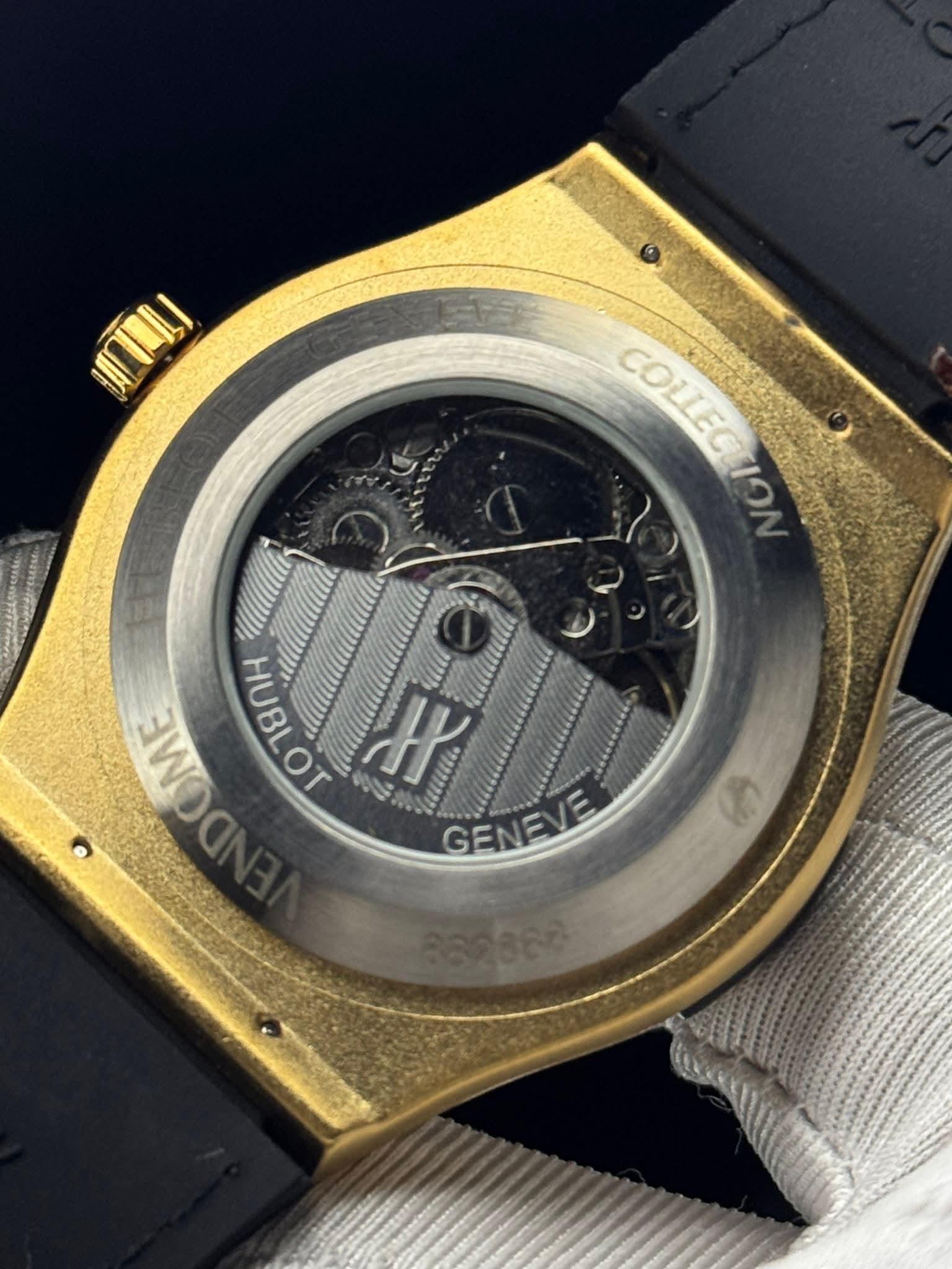 Hublot Automatic Rich Camel-Brown Belt Gold Case Openworked White-Gold Dial AA