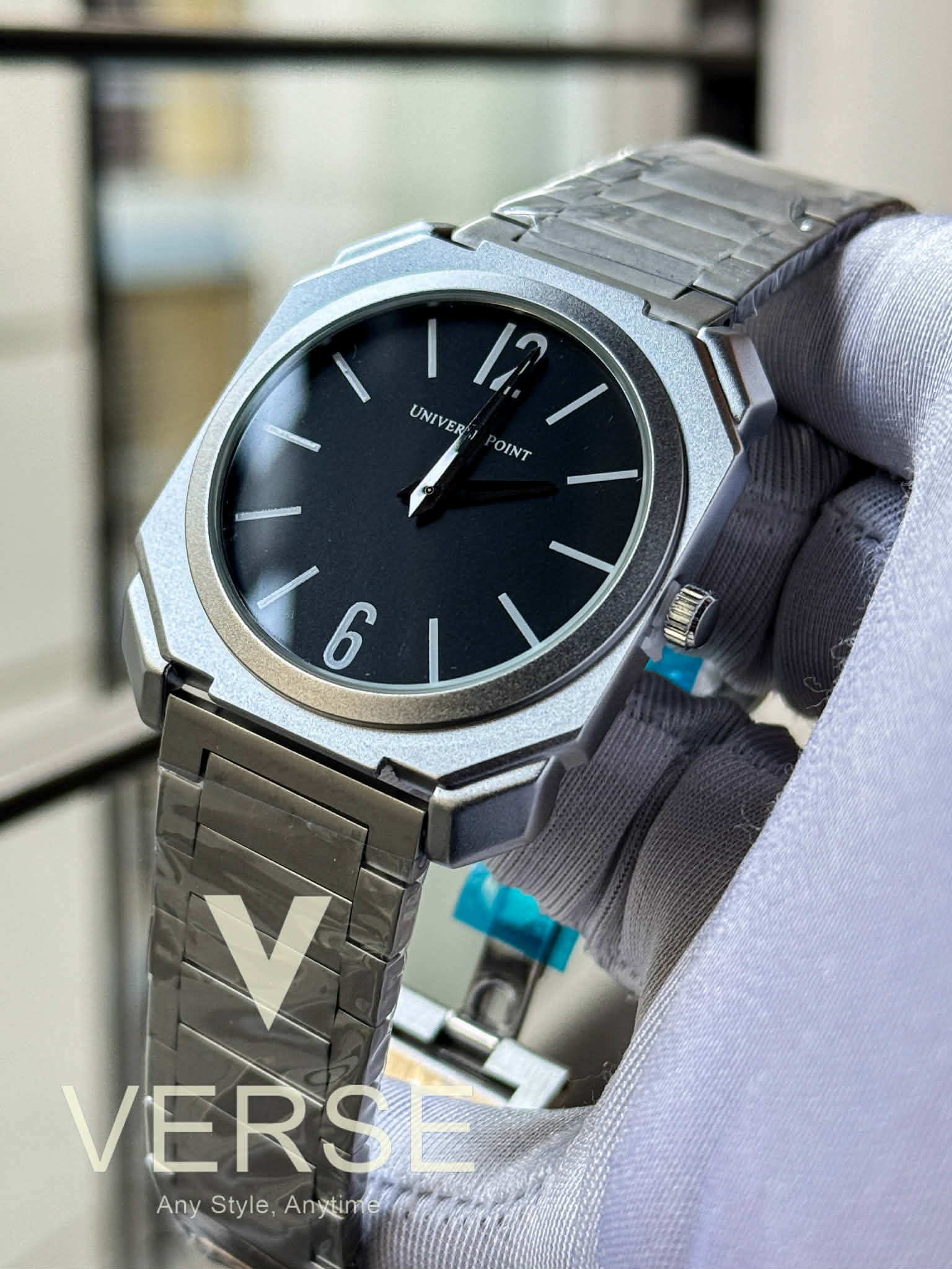 UNIVERSE POINT Ultra Slim Octagonal Stainless Steel Watch – Black Dial | UP3949-1205B