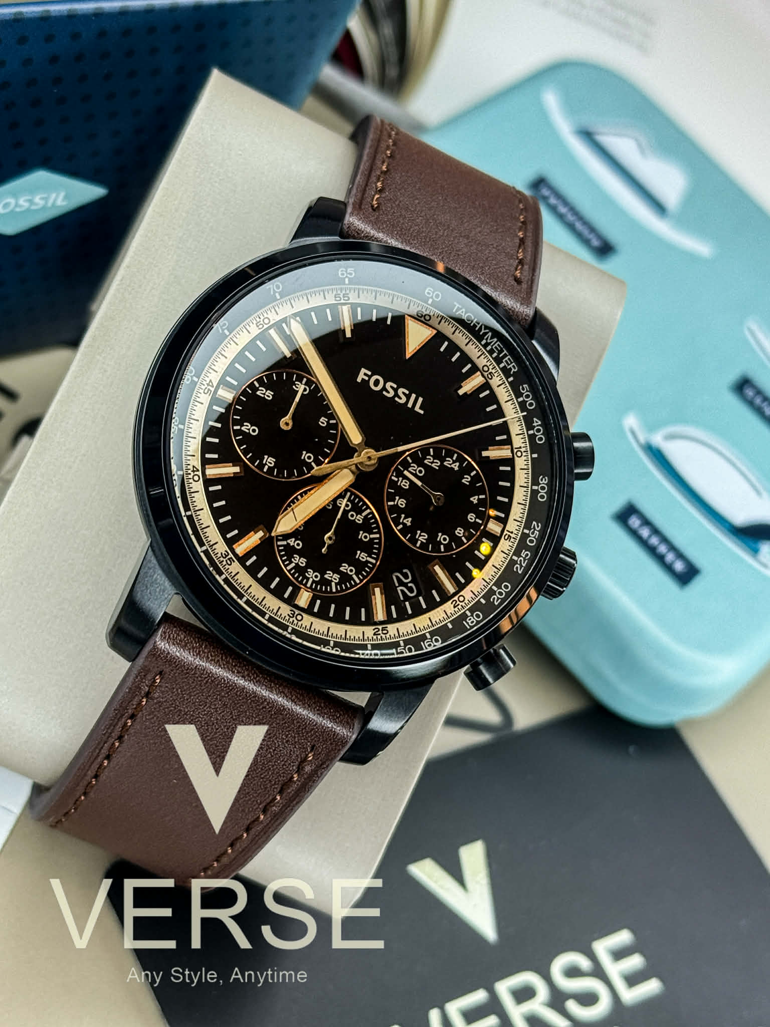 Fossil FS5529 Goodwin Chronograph Black Dial Brown Leather Men’s Watch | Fossil FS5529