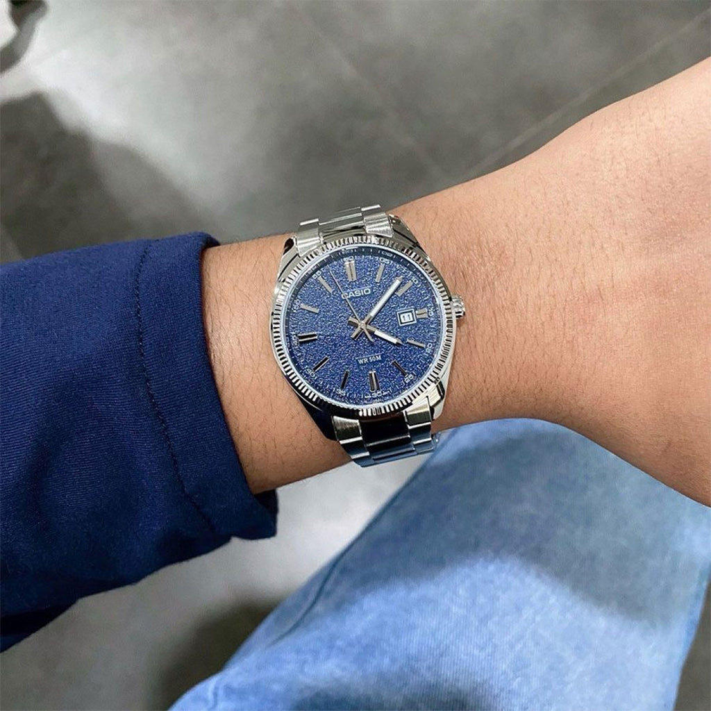 Casio MTP-1302DA-2A1VDF Men’s Silver Stainless Steel Watch with Matte Blue Dial| Casio MTP-1302DA-2A1VDF
