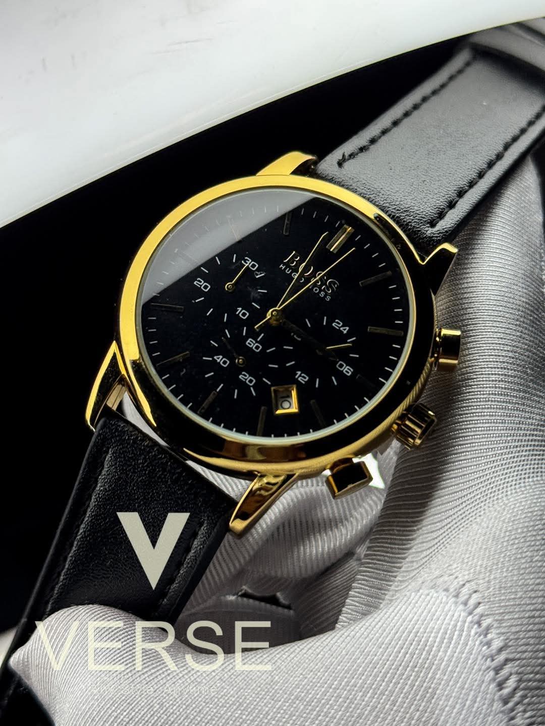 Hugo Boss Trace Chronograph Black Belt Gold Case AA