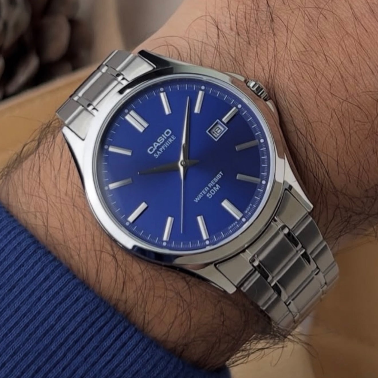 Casio MTS-115D-2A1V Sapphire Navy Blue Dial Men's Stainless Steel Watch | Casio MTS-115D-2A1V