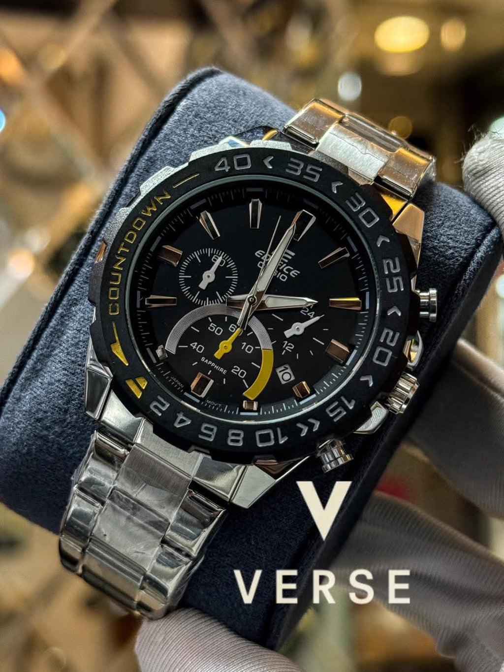 Casio Edifice 566DB Silver Chain Black-Yellow Bezel-Dial AA