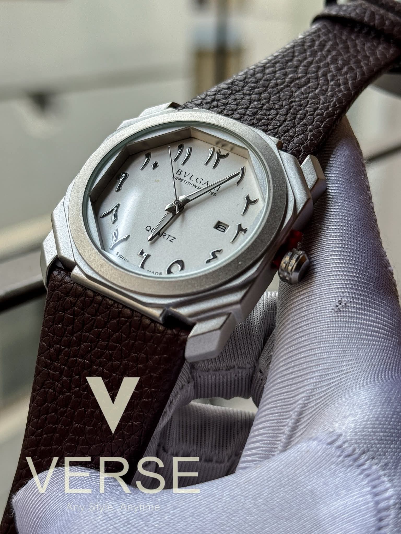 BVLGARI Octo Finissimo Brown Belt White Arabic Dial Matte Silver Case AA