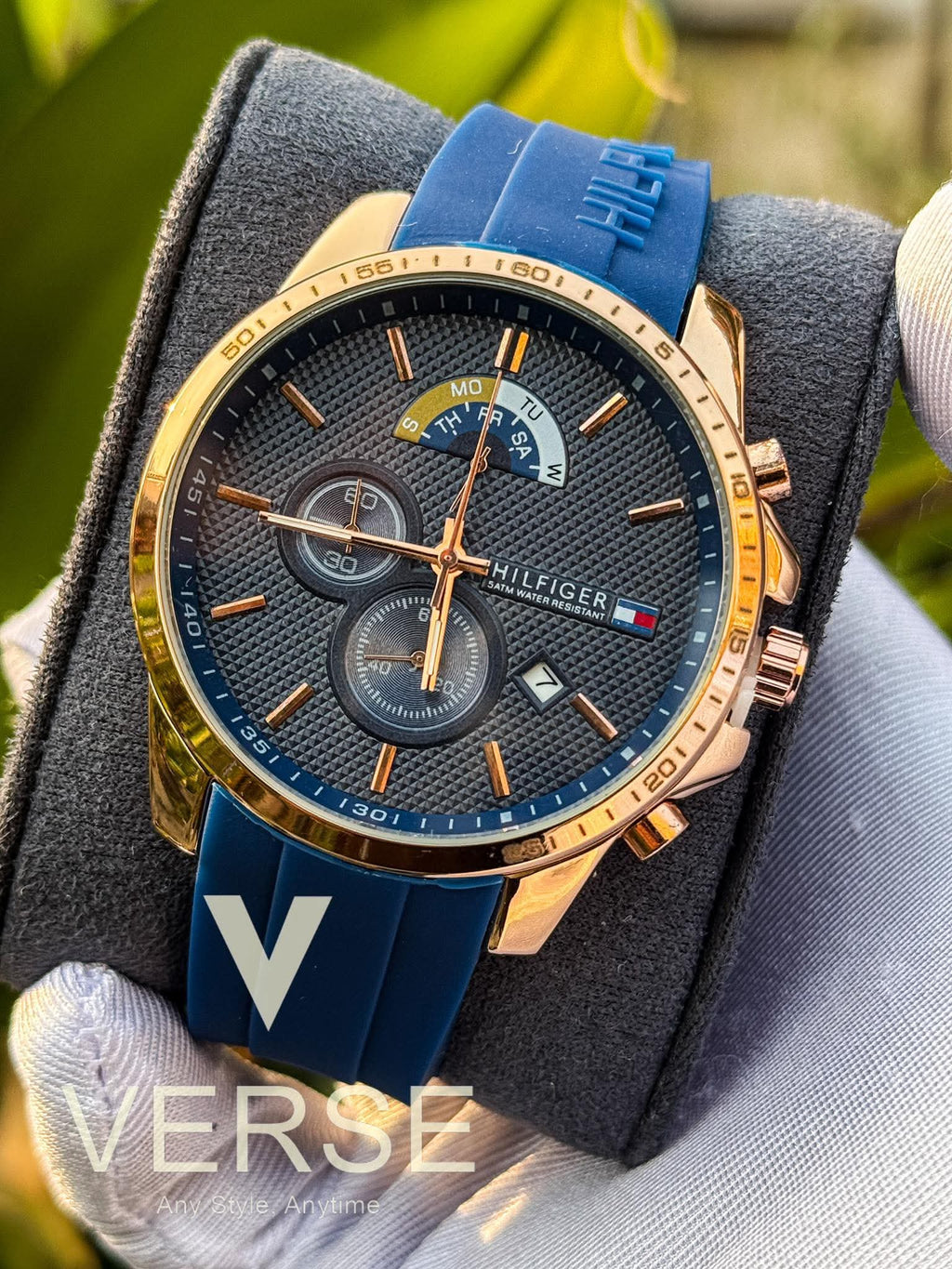 Tommy Hilfiger Decker Chronograph Blue Belt Rose Gold Case AA