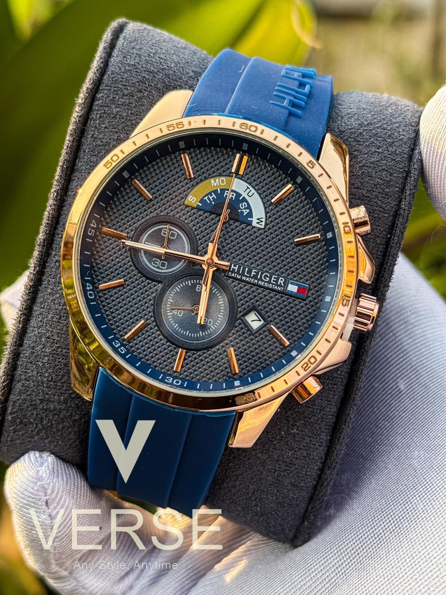 Tommy Hilfiger Decker Chronograph Blue Belt Rose Gold Case AA