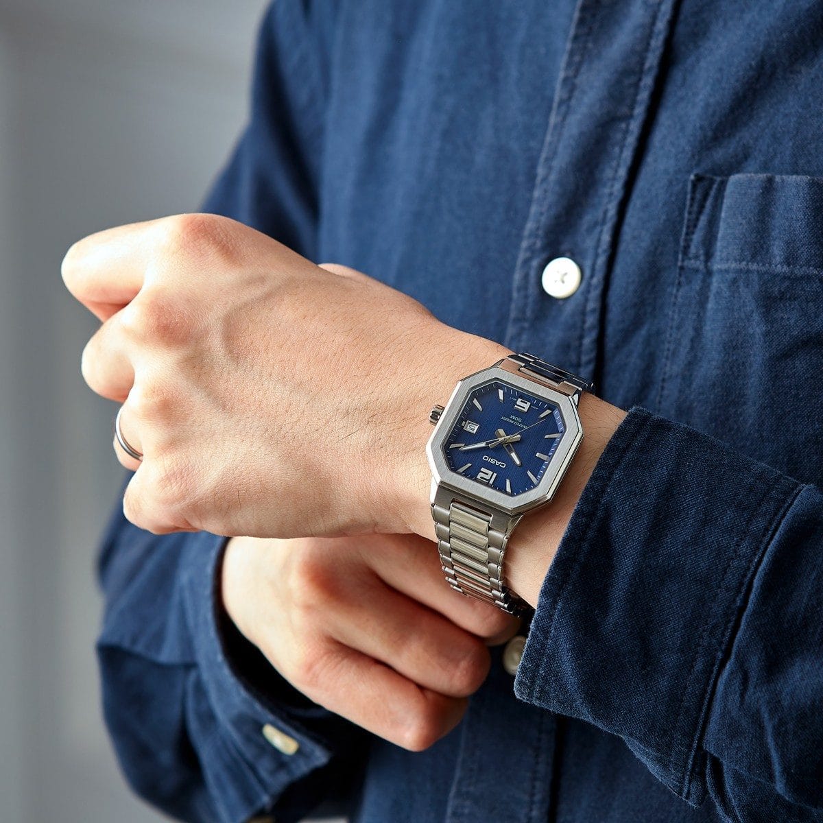 Casio MTP-B195D-2AV Octagonal Sport Blue Dial Men's Stainless Steel Watch | Casio MTP-B195D-2AV