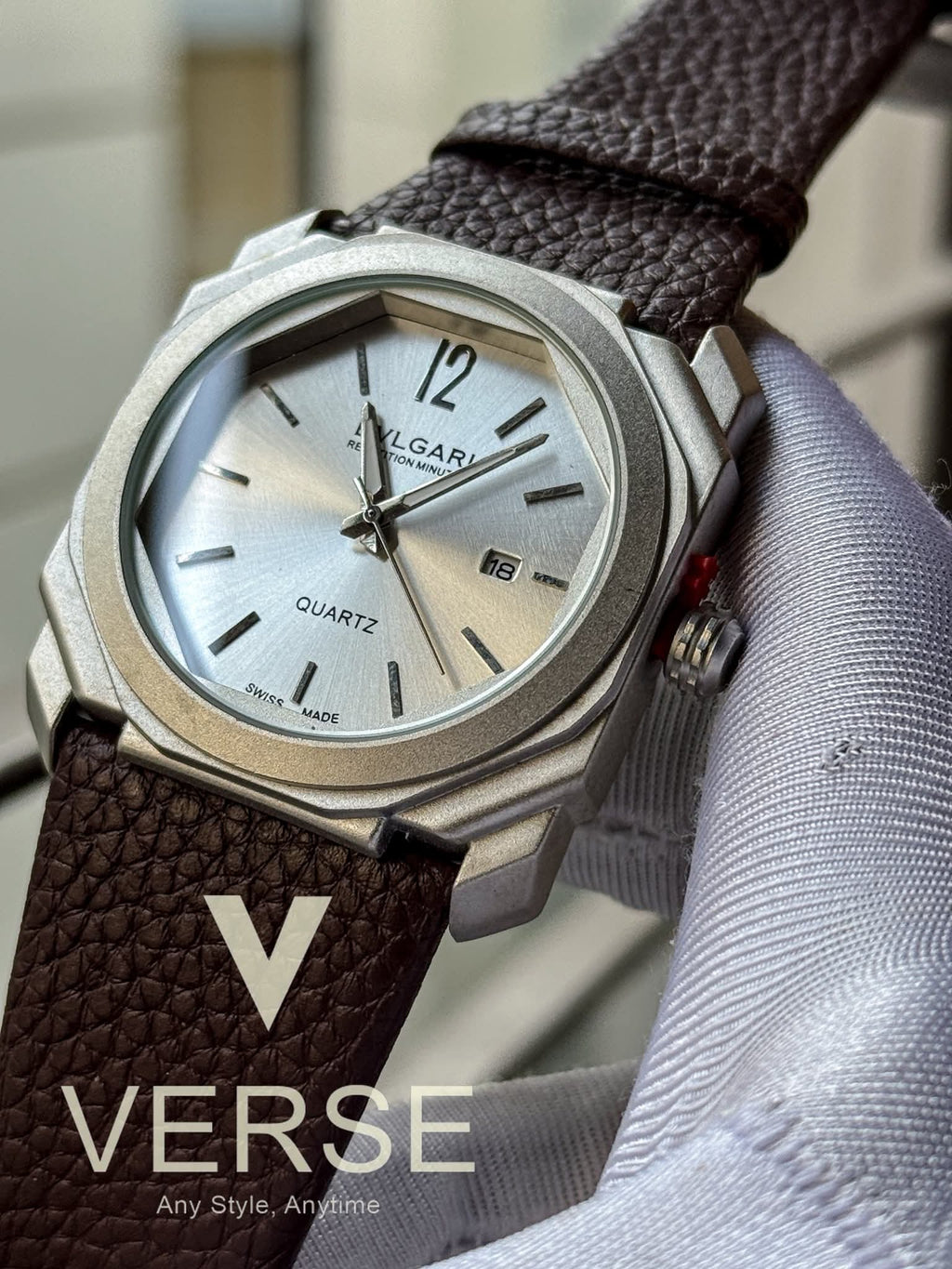 BVLGARI Octo Finissimo Brown Belt White Dial Matte Silver Case AA