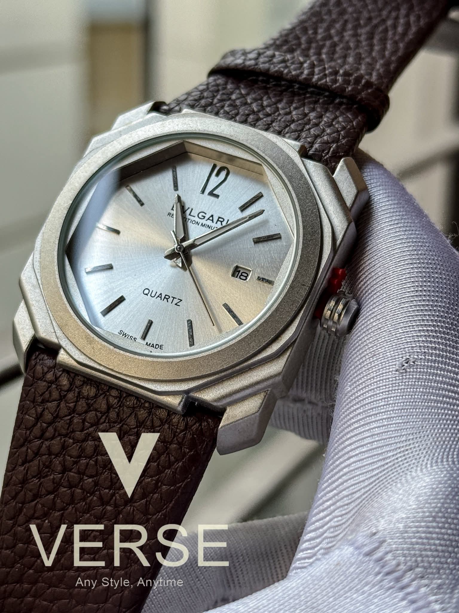 BVLGARI Octo Finissimo Brown Belt White Dial Matte Silver Case AA