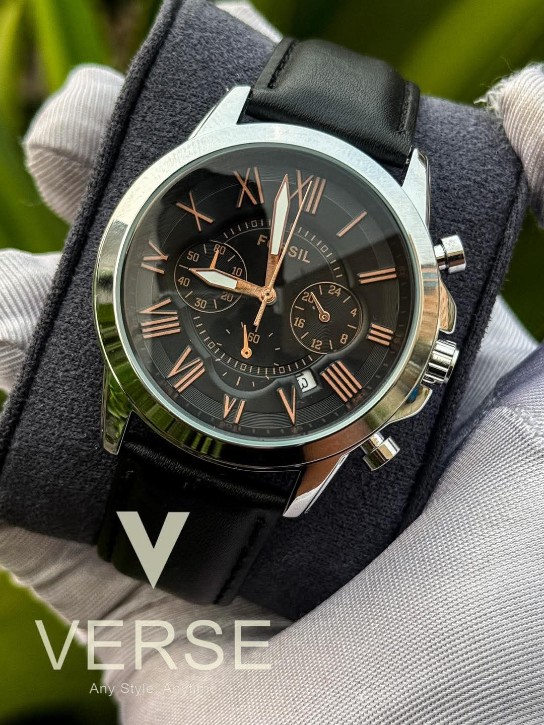 Fossil Grant Chronograph Black Belt Rose Gold Digits AA
