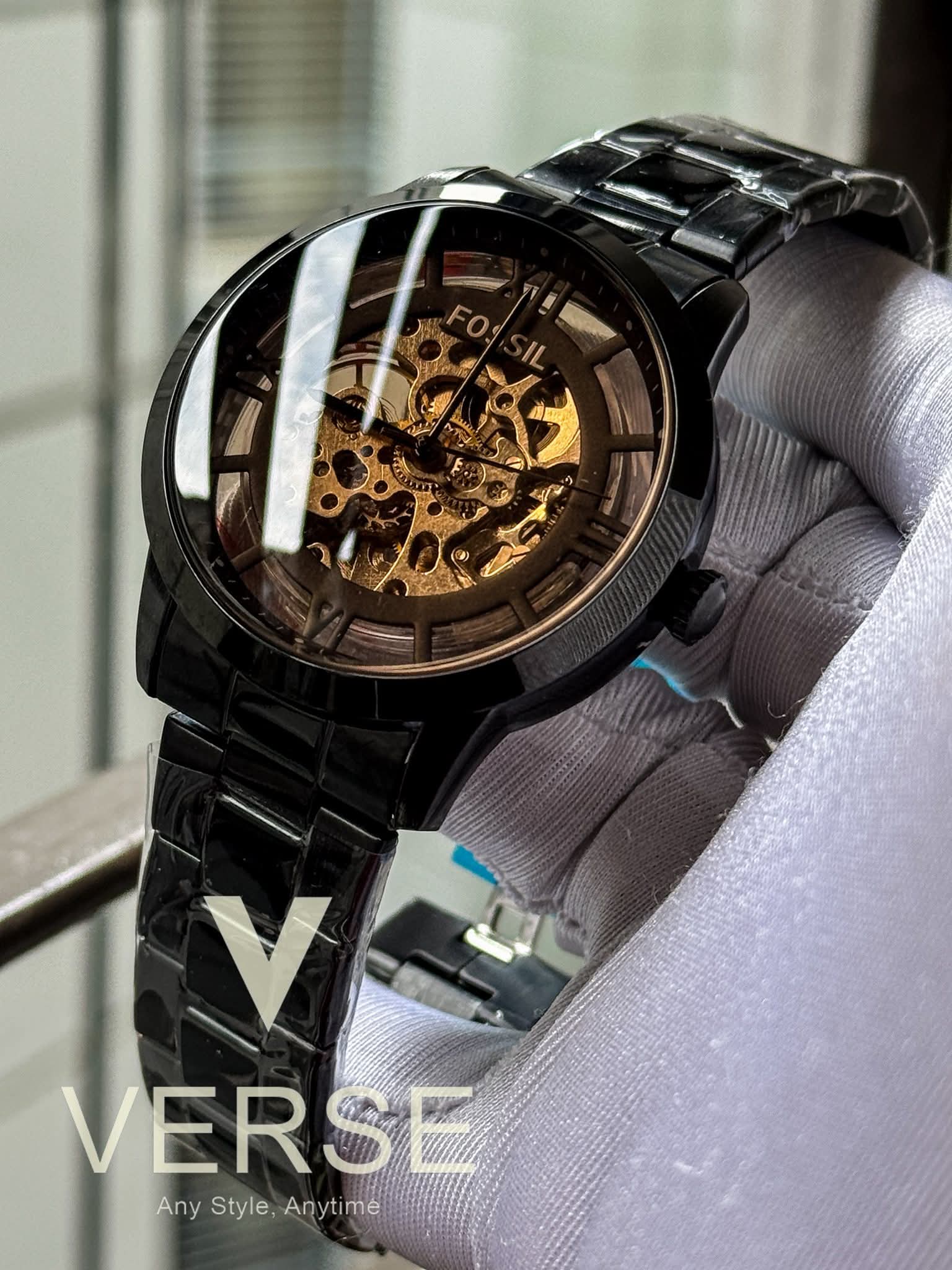 Fossil Automatic Skeleton Black Chain Brown Glass AA