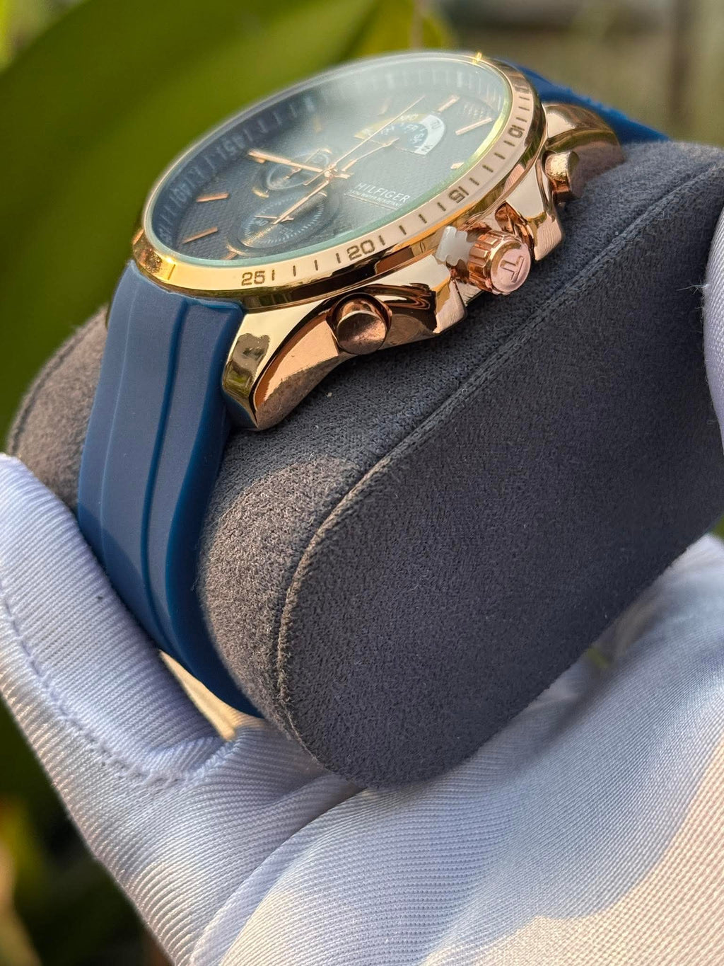 Tommy Hilfiger Decker Chronograph Blue Belt Rose Gold Case AA