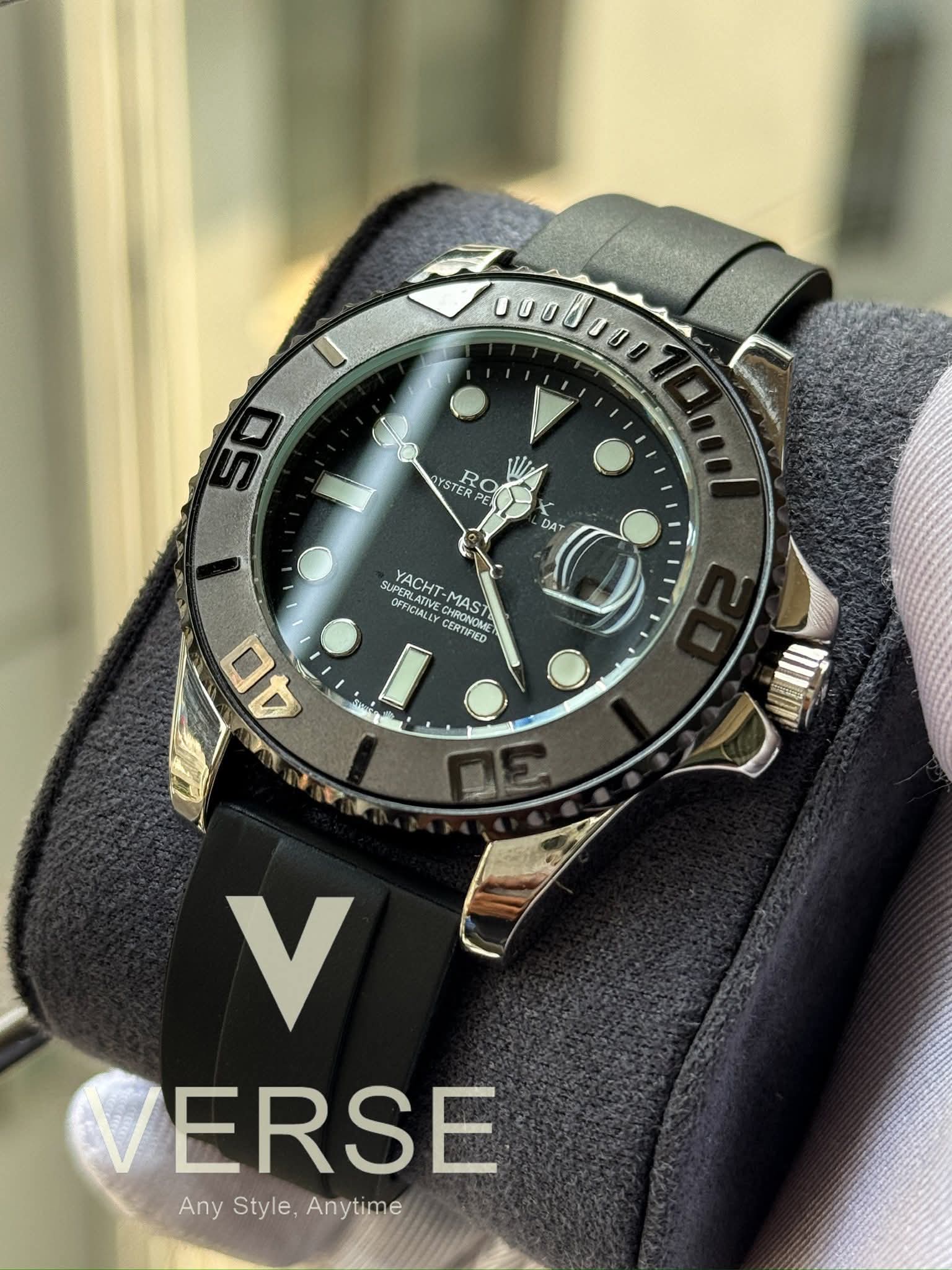 Rolex Yatchmaster Dark Grey Bezel Silver Case Black Oysterflex Rubber Strap