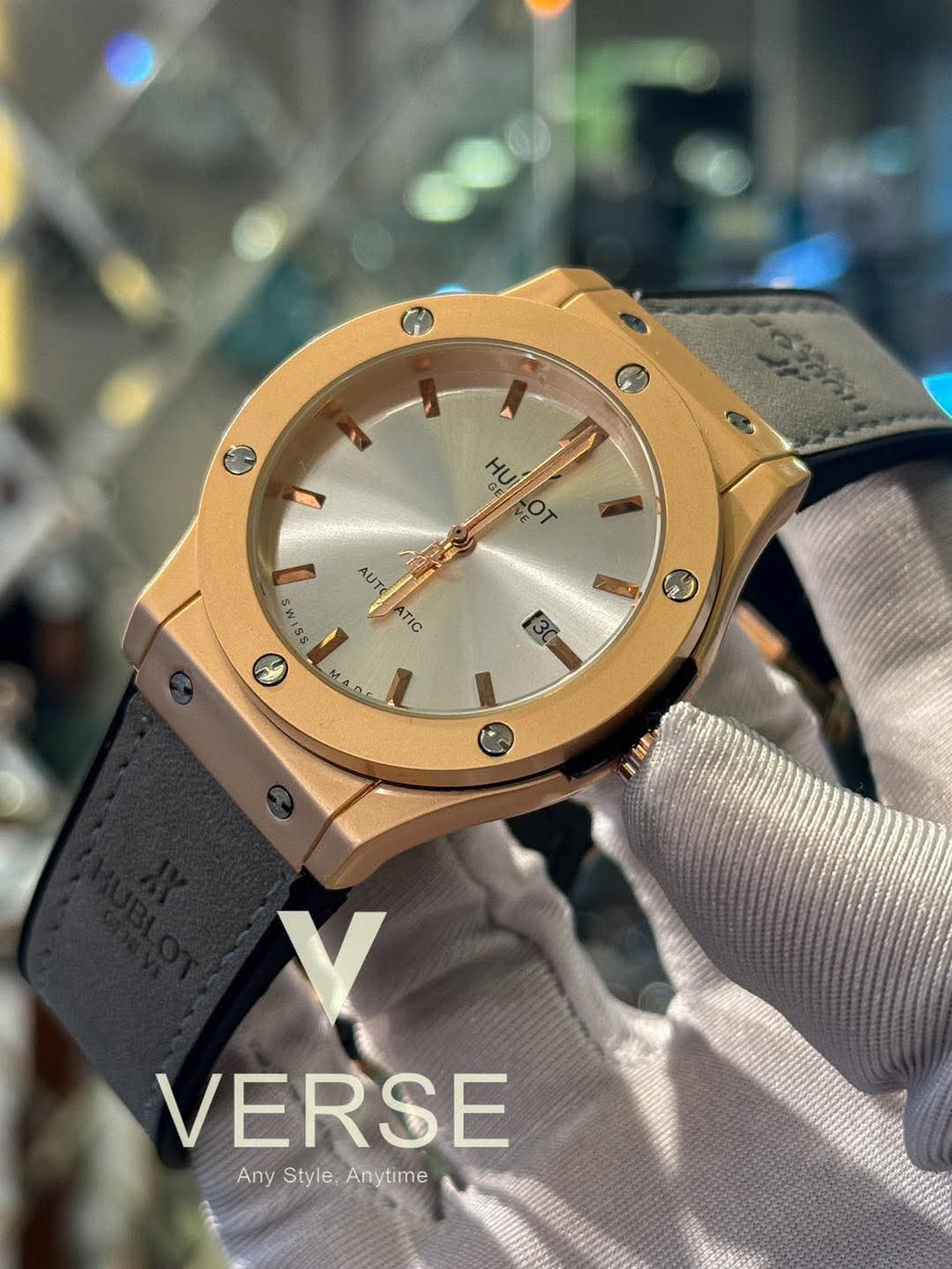 Hublot Classic Fusion Automatic Grey Belt Rose Gold Case AA