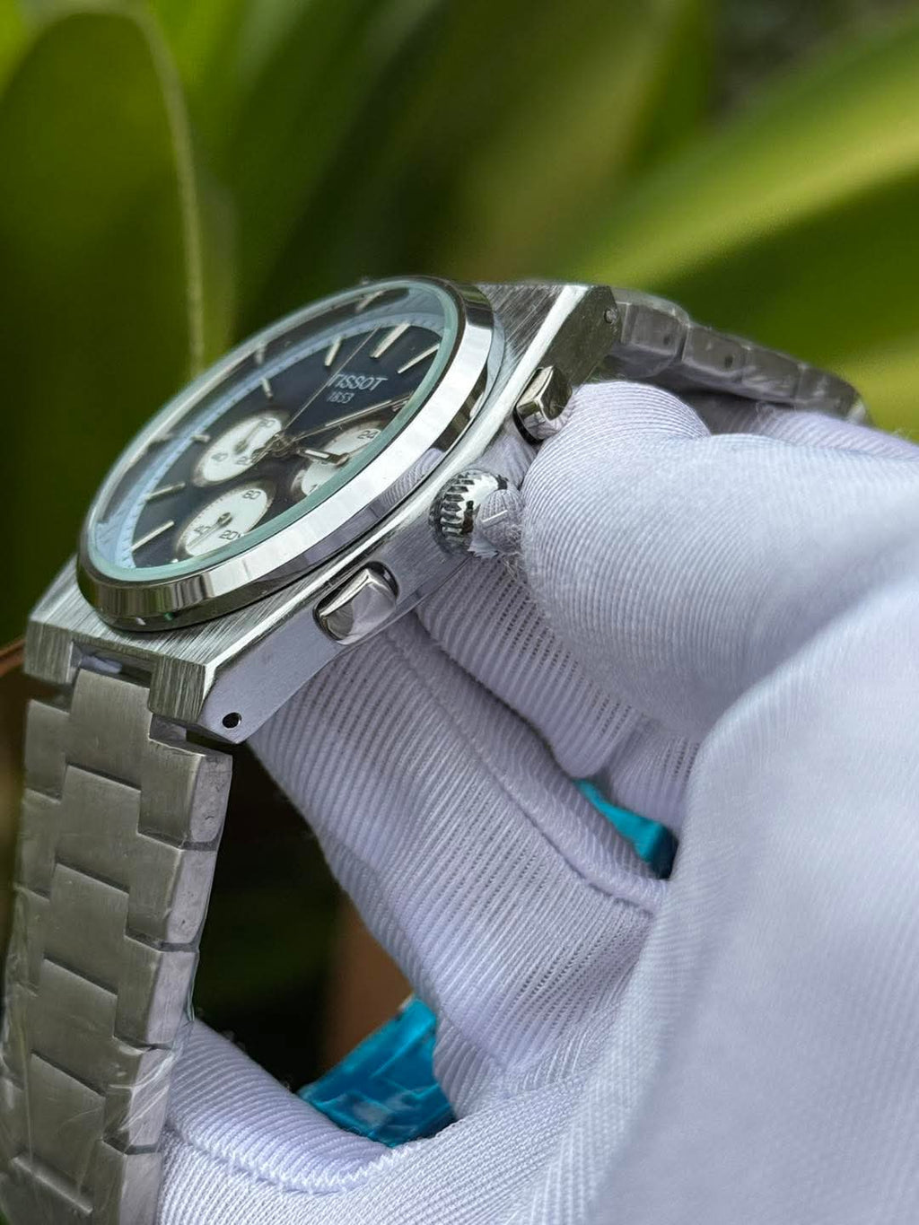 Tissot PRX Chronograph Silver Chain Blue Dial White subdial AA