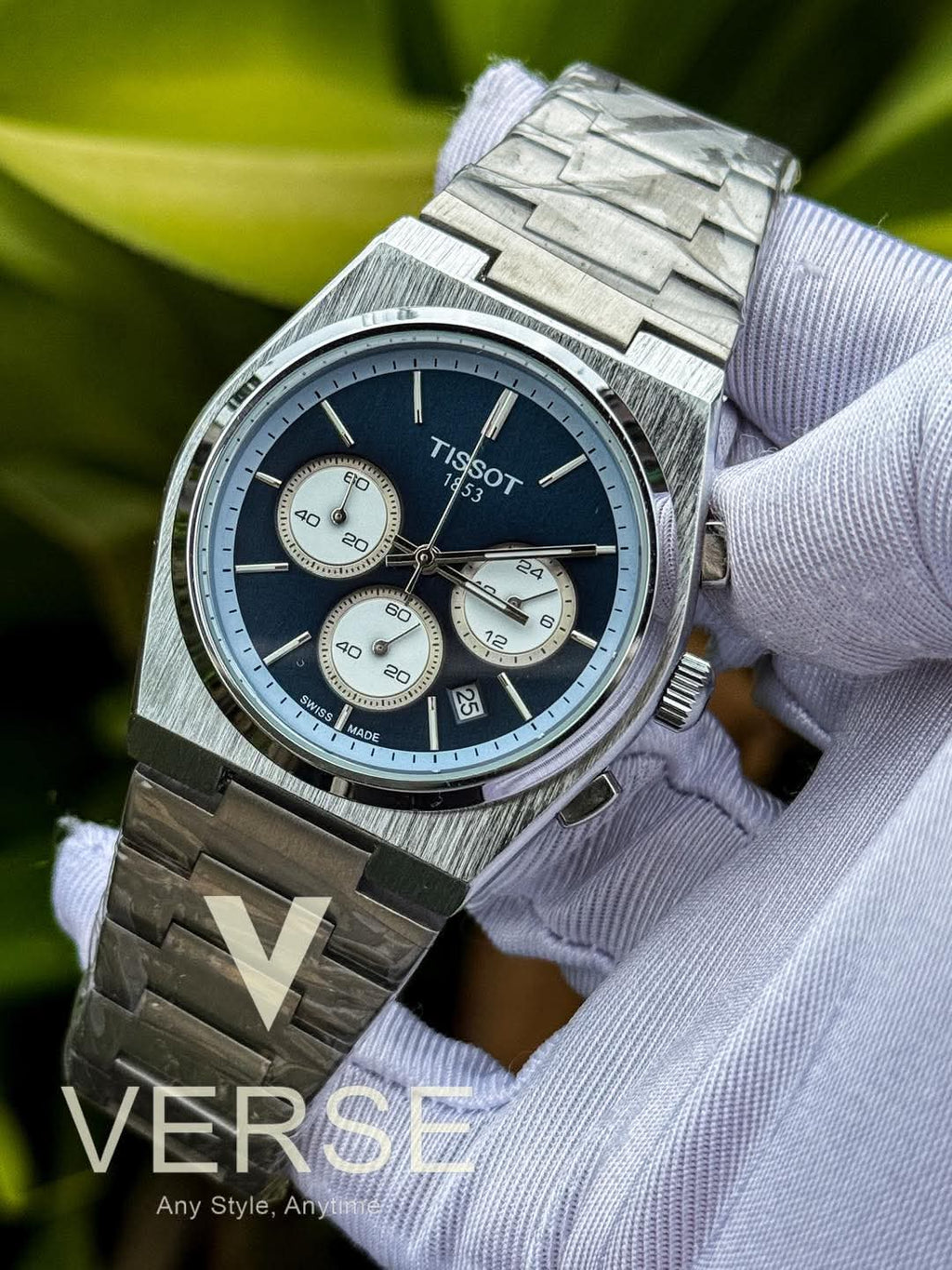 Tissot PRX Chronograph Silver Chain Blue Dial White subdial AA