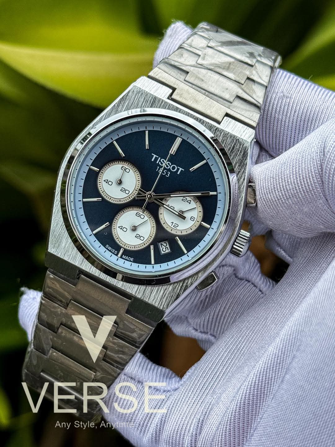 Tissot PRX Chronograph Silver Chain Blue Dial White subdial AA