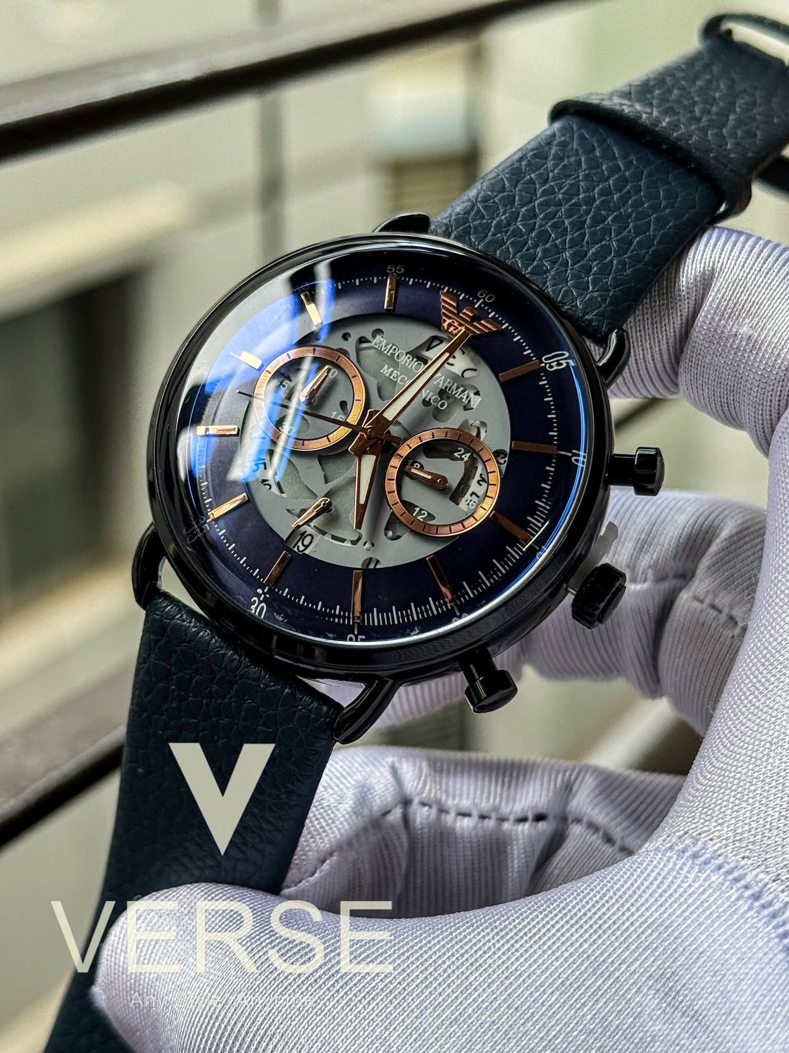 Armani Oval Meccanico Blue Belt Blue Dial Rose Gold Digits AA