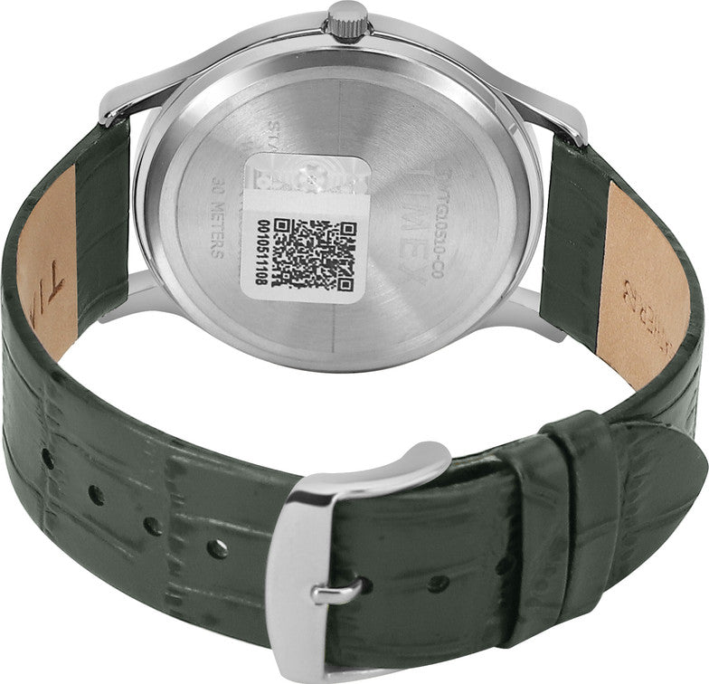 Timex TWTG10510 Men’s Analog Watch – White Dial, Dark Green Leather Strap| Timex TWTG10510