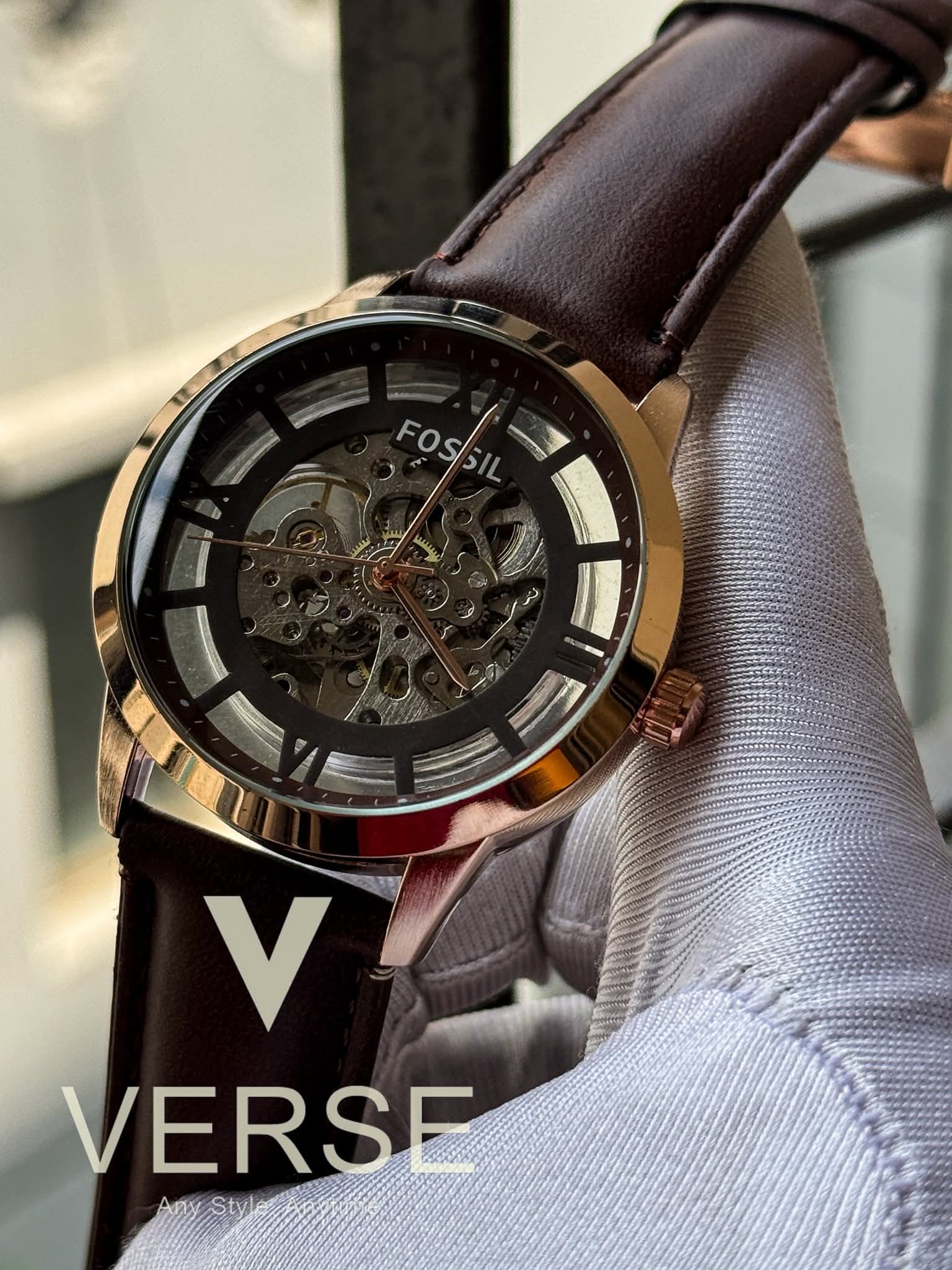 Fossil Automatic Skeleton Brown Belt Rose Gold AA
