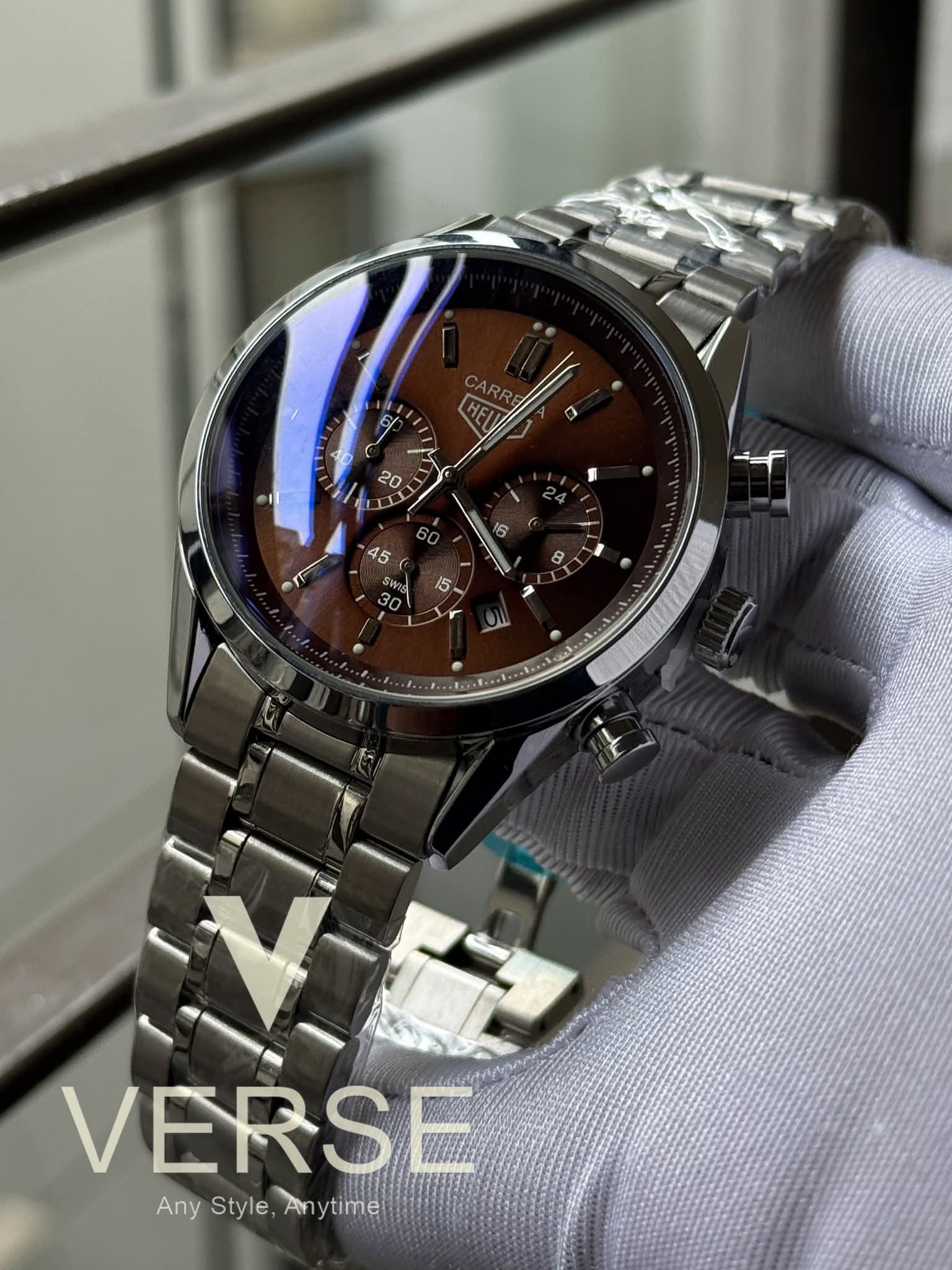 TAG Heuer Carrera Chronograph Silver Chain Brown Dial AA