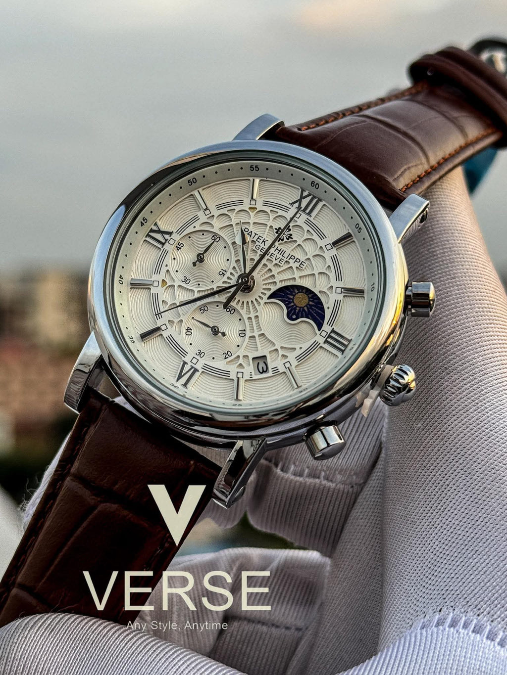 Patek Philippe Chronograph Moonphase Brown Belt Spider White Dial AA