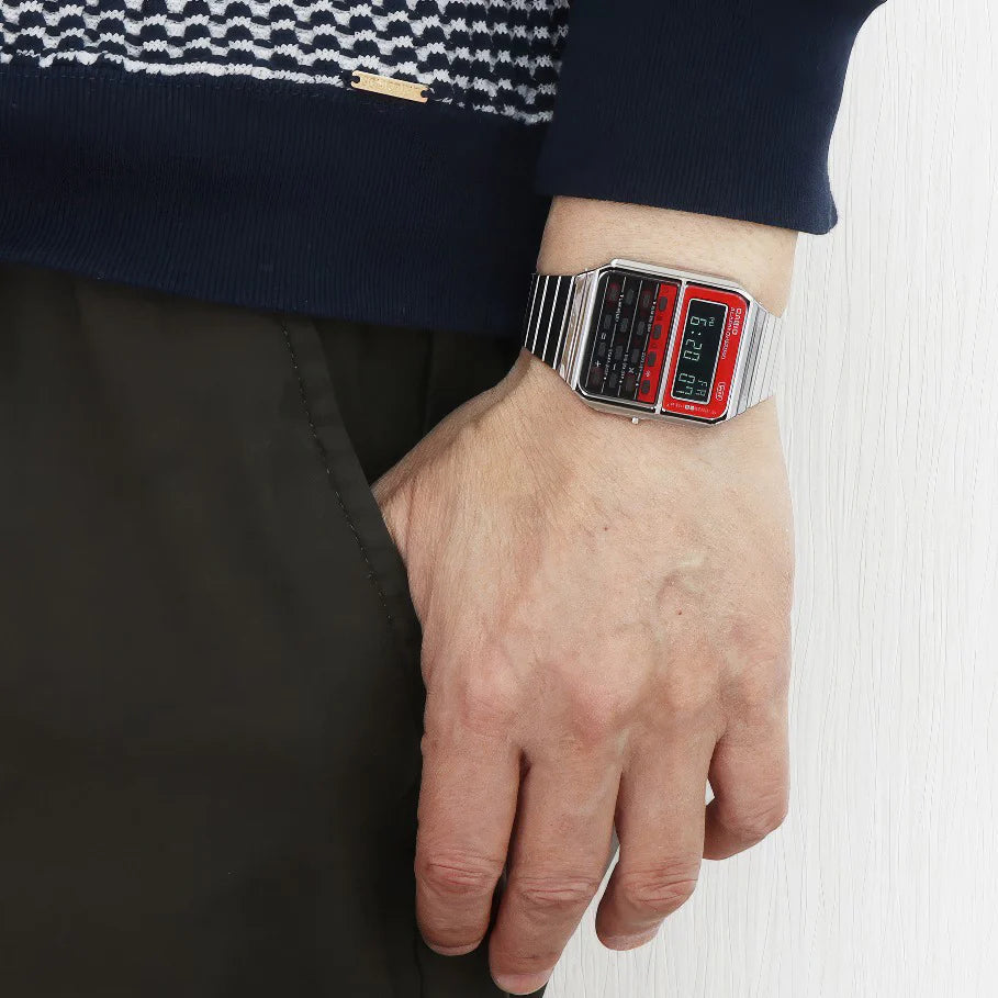 Casio Vintage CA-500WE-4BDF Digital Red Dial Calculator Stainless Steel Unisex Watch | Casio CA-500WE-4BDF