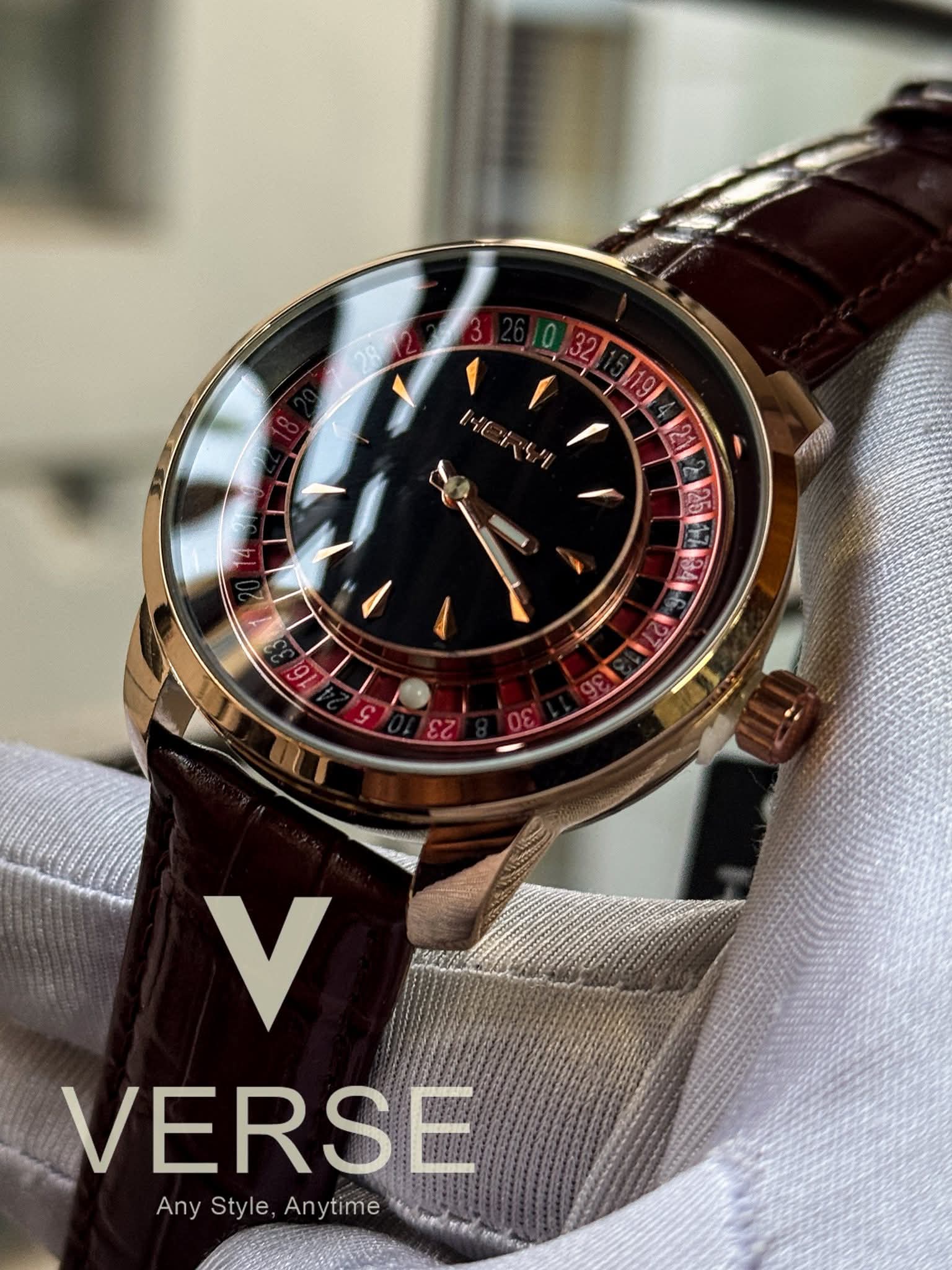 Heryi Casino Royal Roulette Brown Belt Rose-Gold Case Black Dial