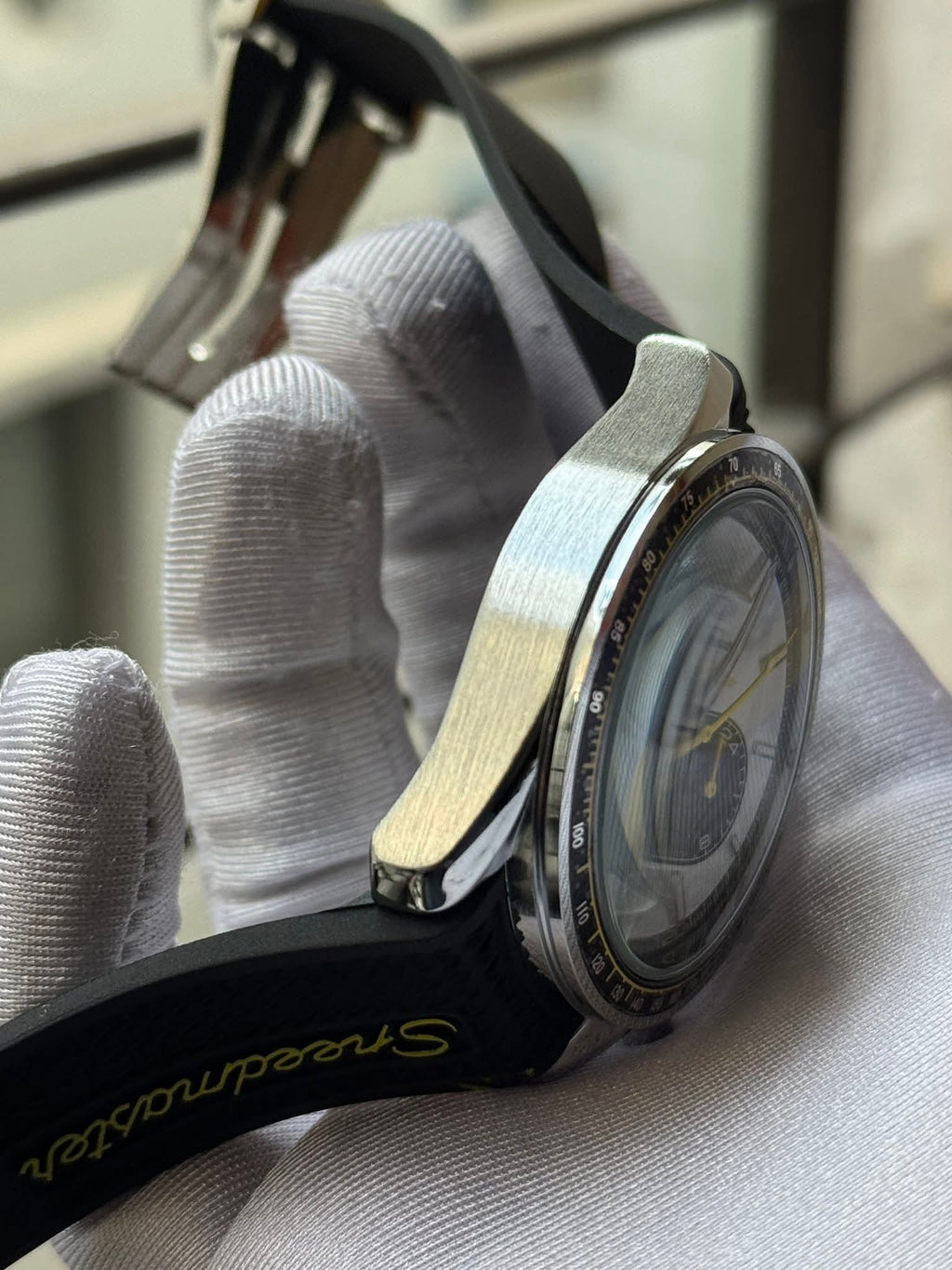 Omega Speedmaster Racing Chronograph Black Belt Grey Dial Yellow Accents AA